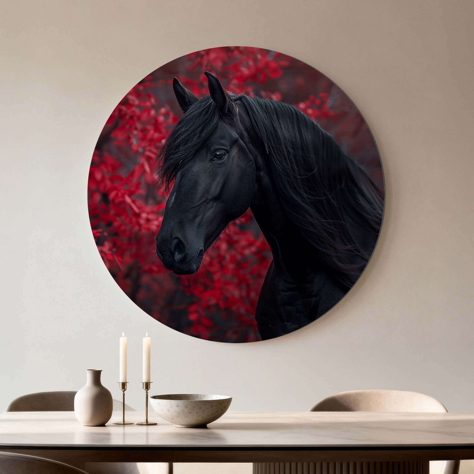 Midnight Ember - Wandbild mit einem schwarzen Pferd und roten Herbstblättern, stilvoller Wandbild für die Innendekoration.
