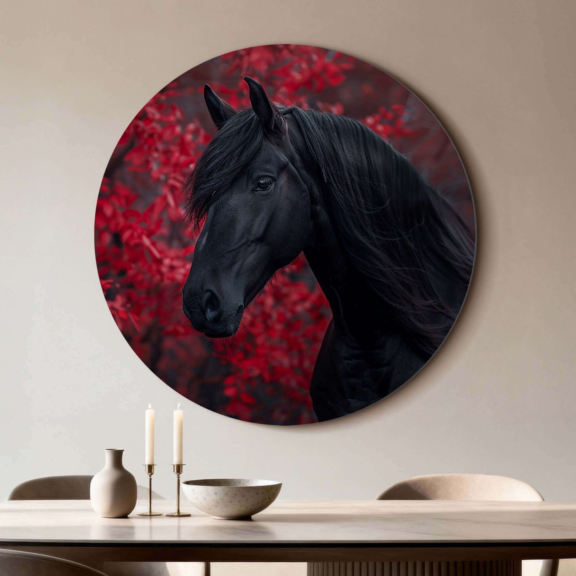 Midnight Ember - Wandbild mit schwarzem Pferd und roten Herbstblättern, stilvoller Wandbild für elegante Innenräume.