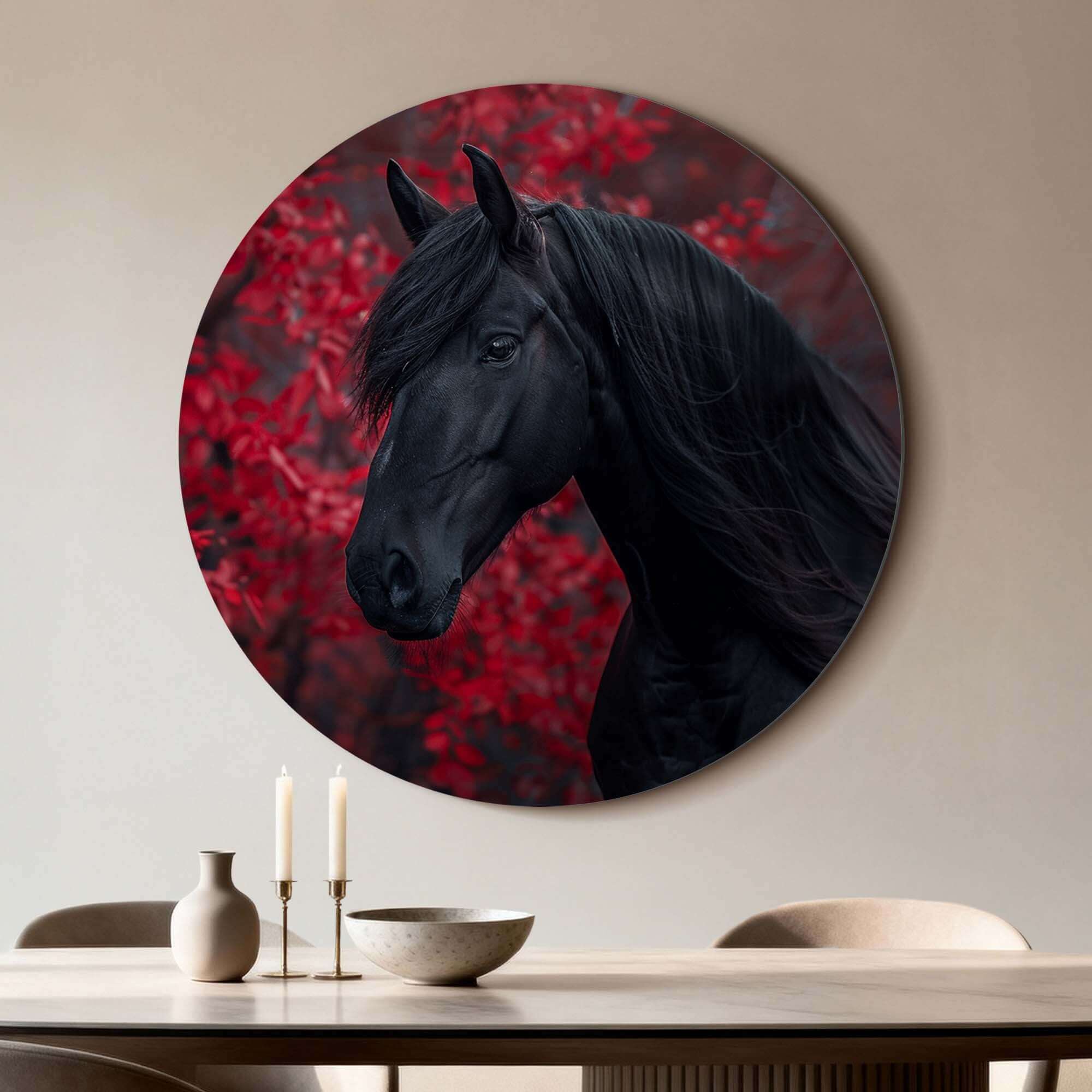 Midnight Ember - Wandbild mit schwarzem Pferd und roten Herbstblättern, stilvoller Wandbild für elegante Innenräume.