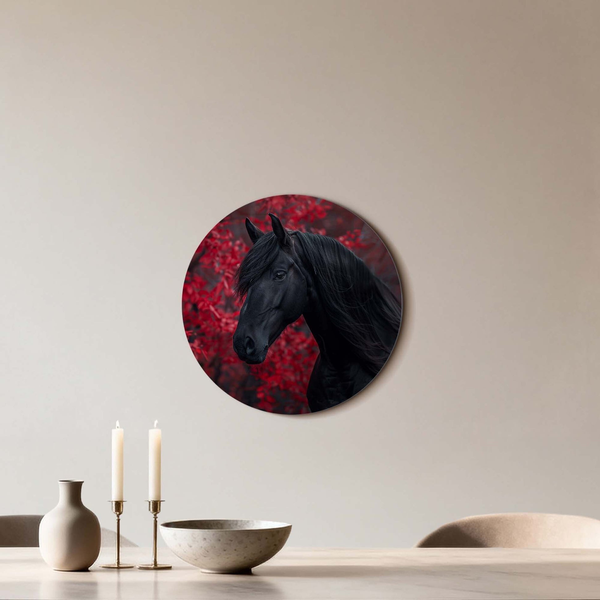 Midnight Ember - Wandbild mit schwarzem Pferd und roten Herbstblättern, perfekt für Ihre Wanddekoration.