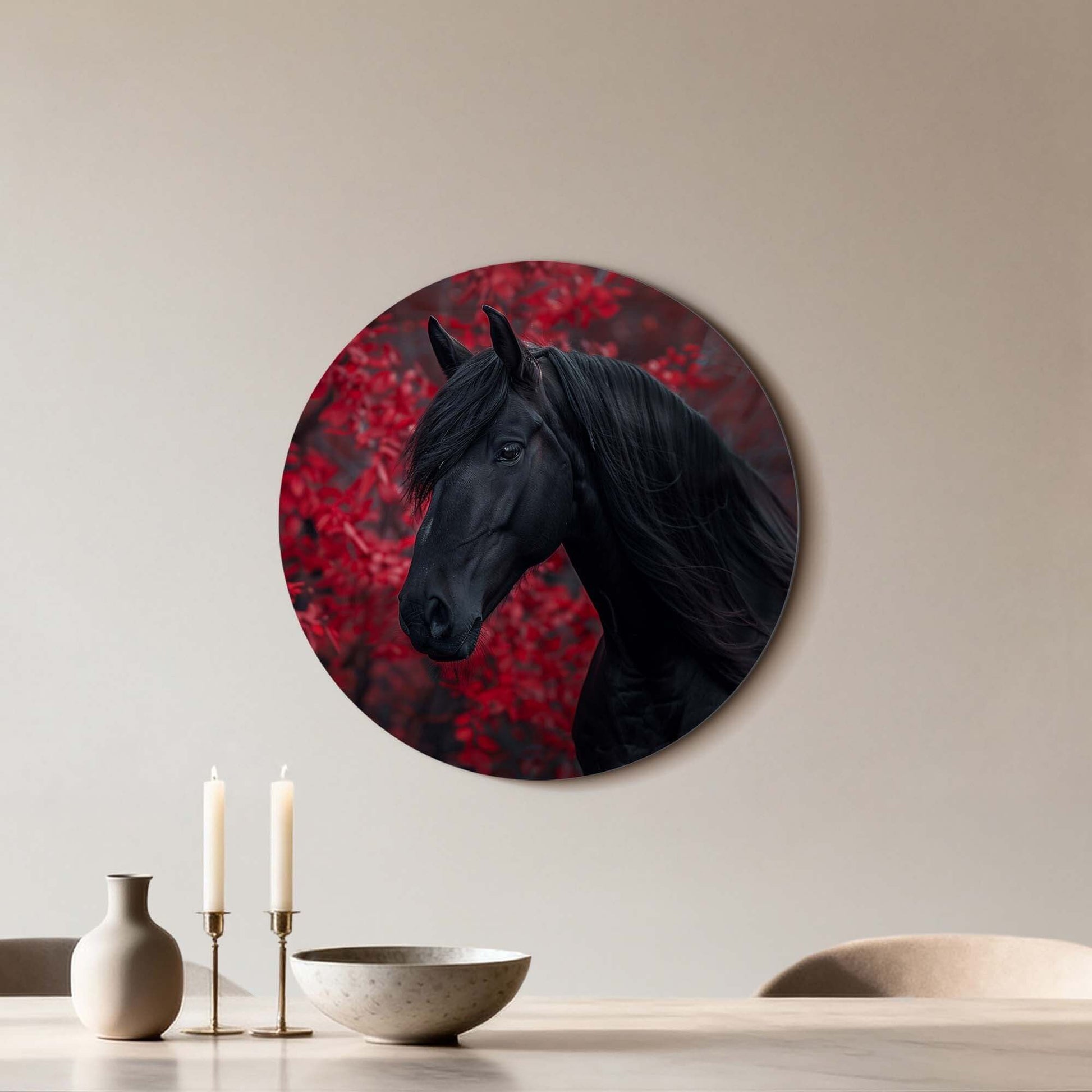 Midnight Ember - Wandbild mit schwarzem Pferd und roten Herbstblättern für stilvolle Wanddekoration.