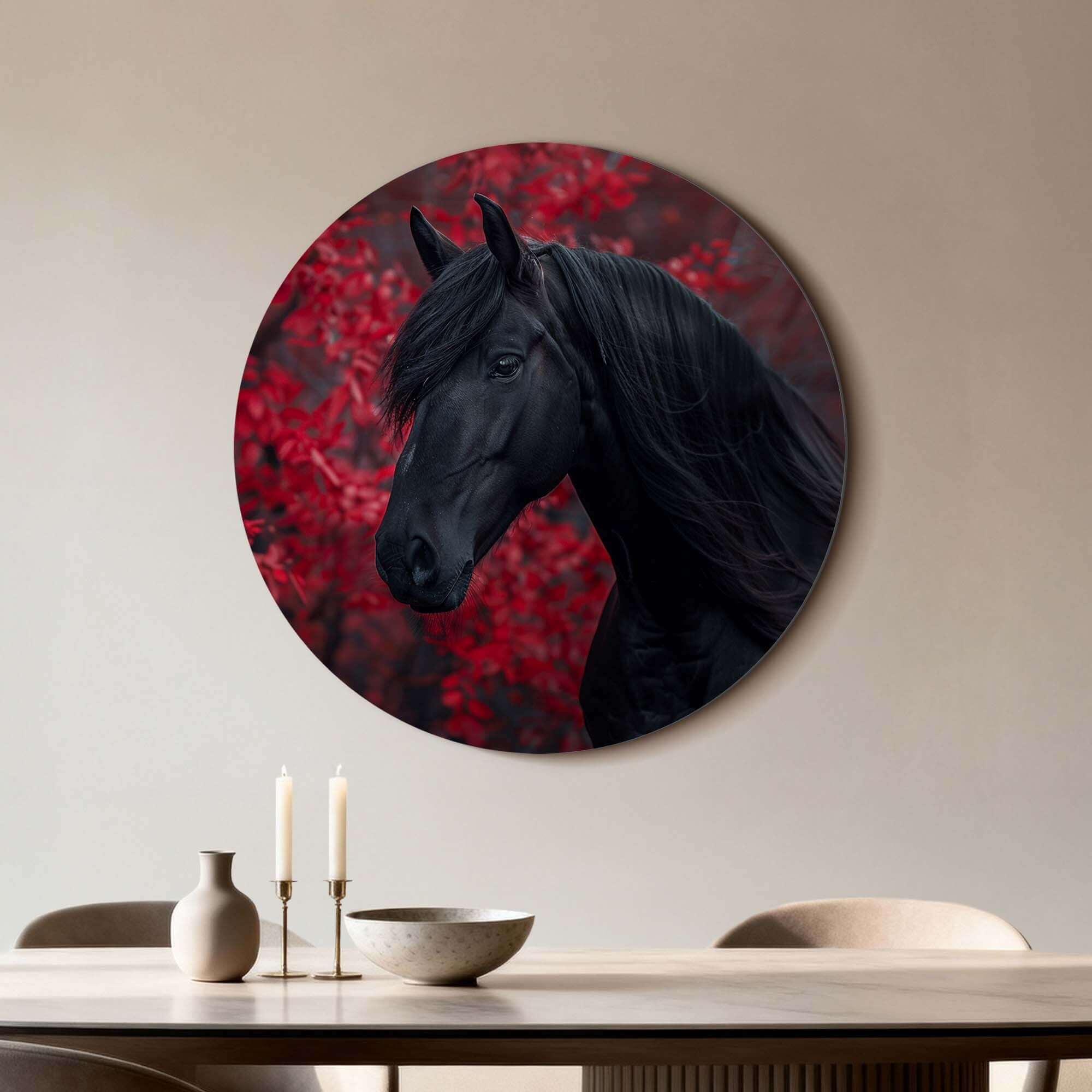 Midnight Ember - Wandbild: stilvoller Wandbild eines schwarzen Pferdes mit roten Herbstblättern