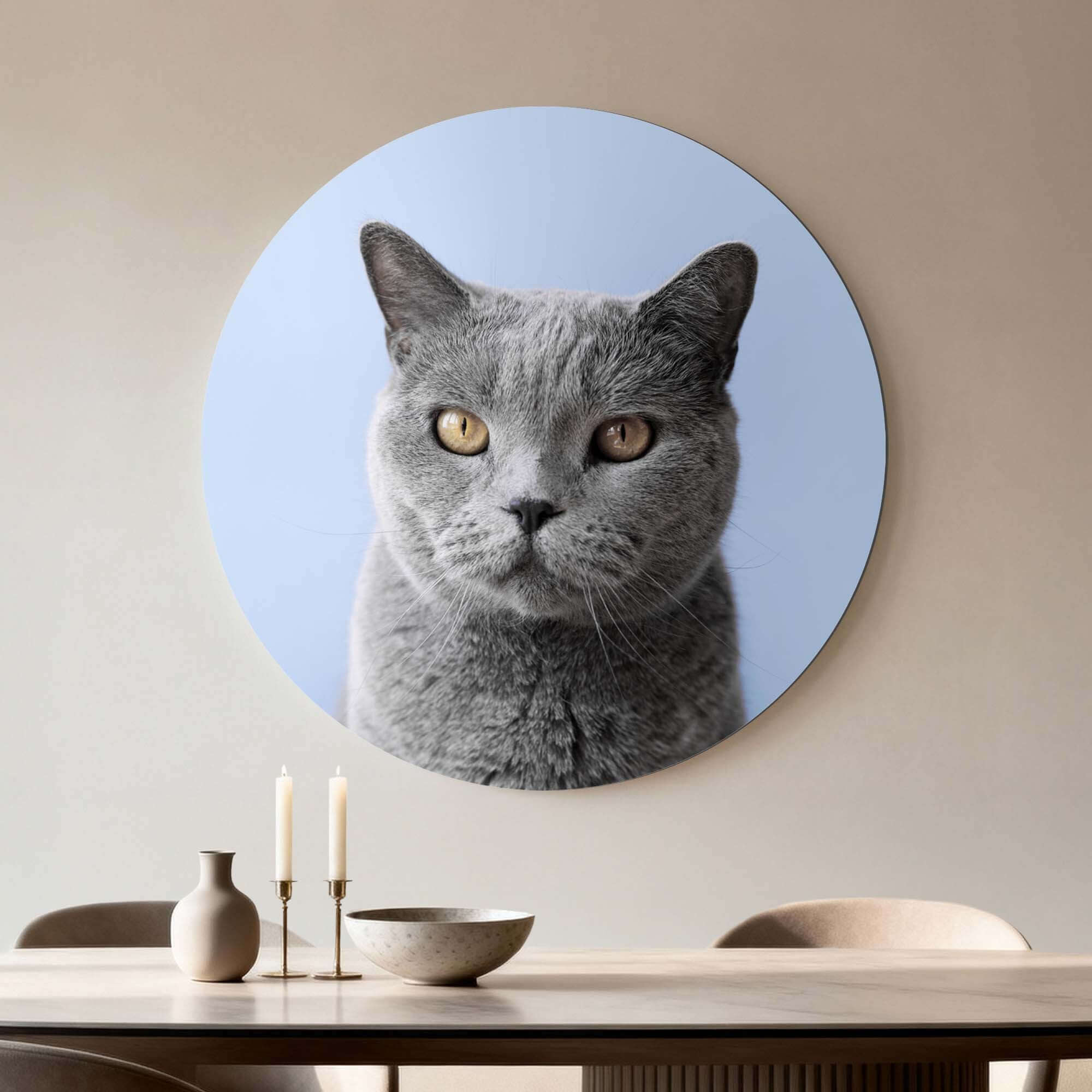 Misty Mood - Wandbild mit Bild einer grauen Katze auf zartblauem Hintergrund, Wandbild für elegante Innenräume.