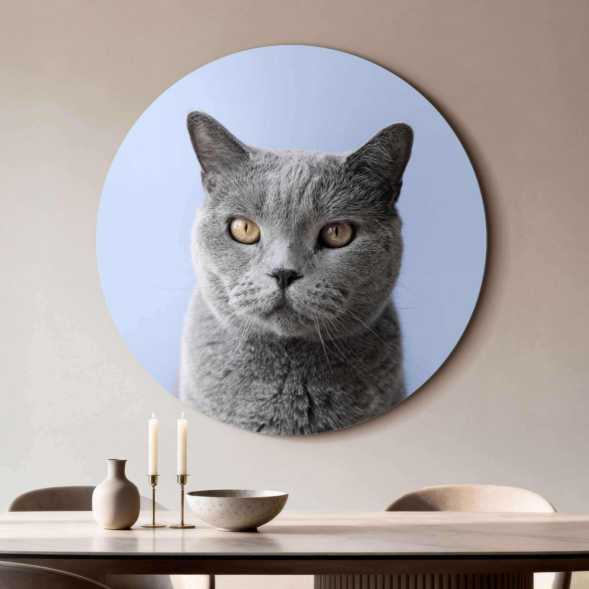 Misty Mood - Wandbild mit einer stilvollen grauen Katze auf einem sanften blauen Hintergrund, perfekt für jede Einrichtung.