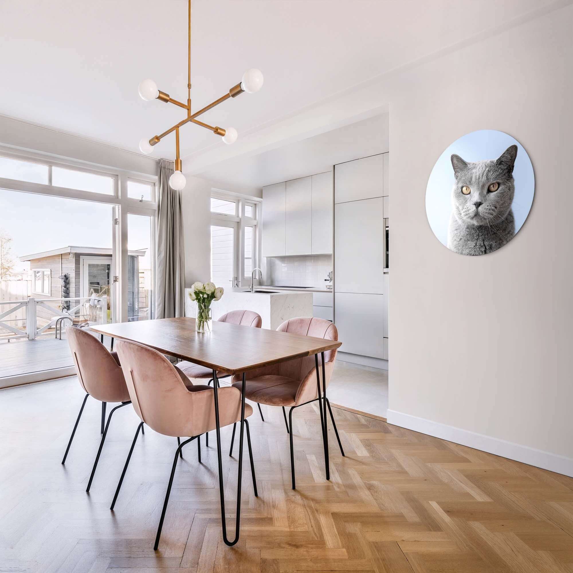 Misty Mood - Wandbild mit grauer Katze auf zartblauem Hintergrund in modernem Interieur.