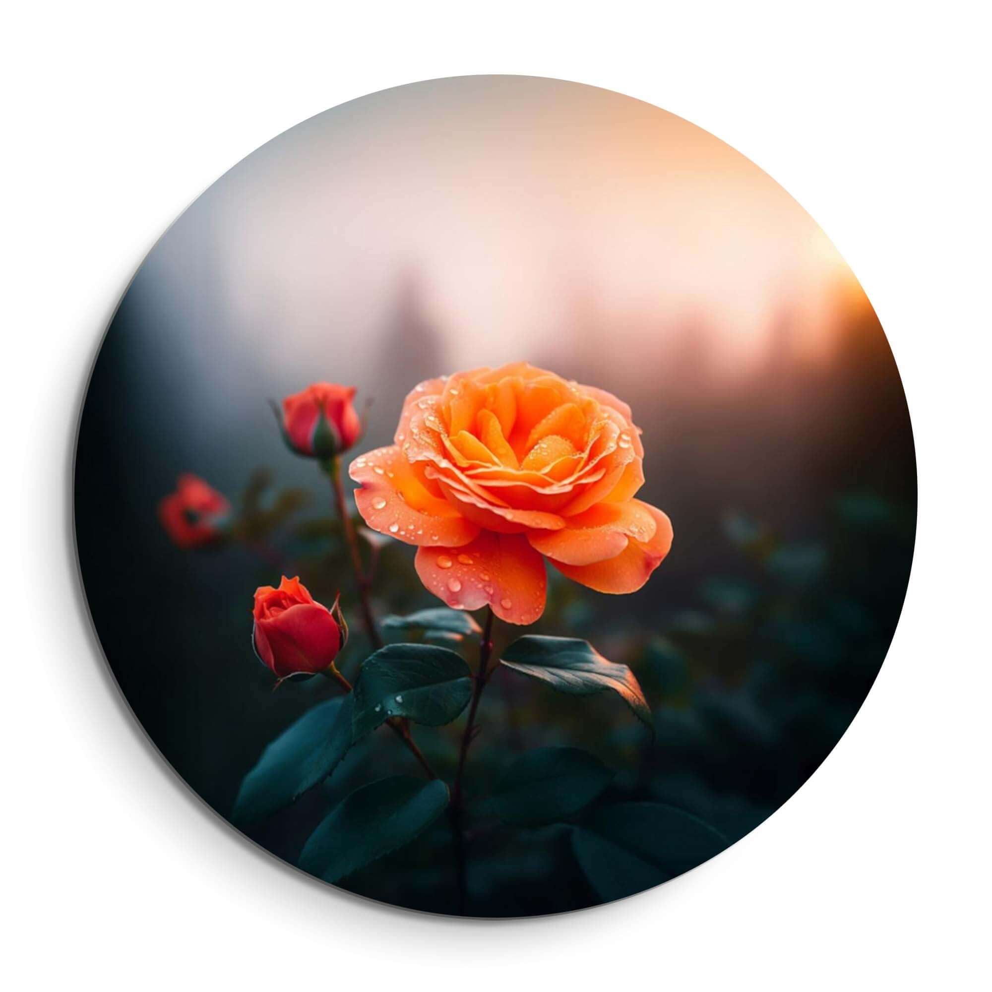 Morning rose - Wandbild mit warmer orangefarbener Rose im Morgenlicht, perfekt für jede Küche oder jedes Esszimmer.