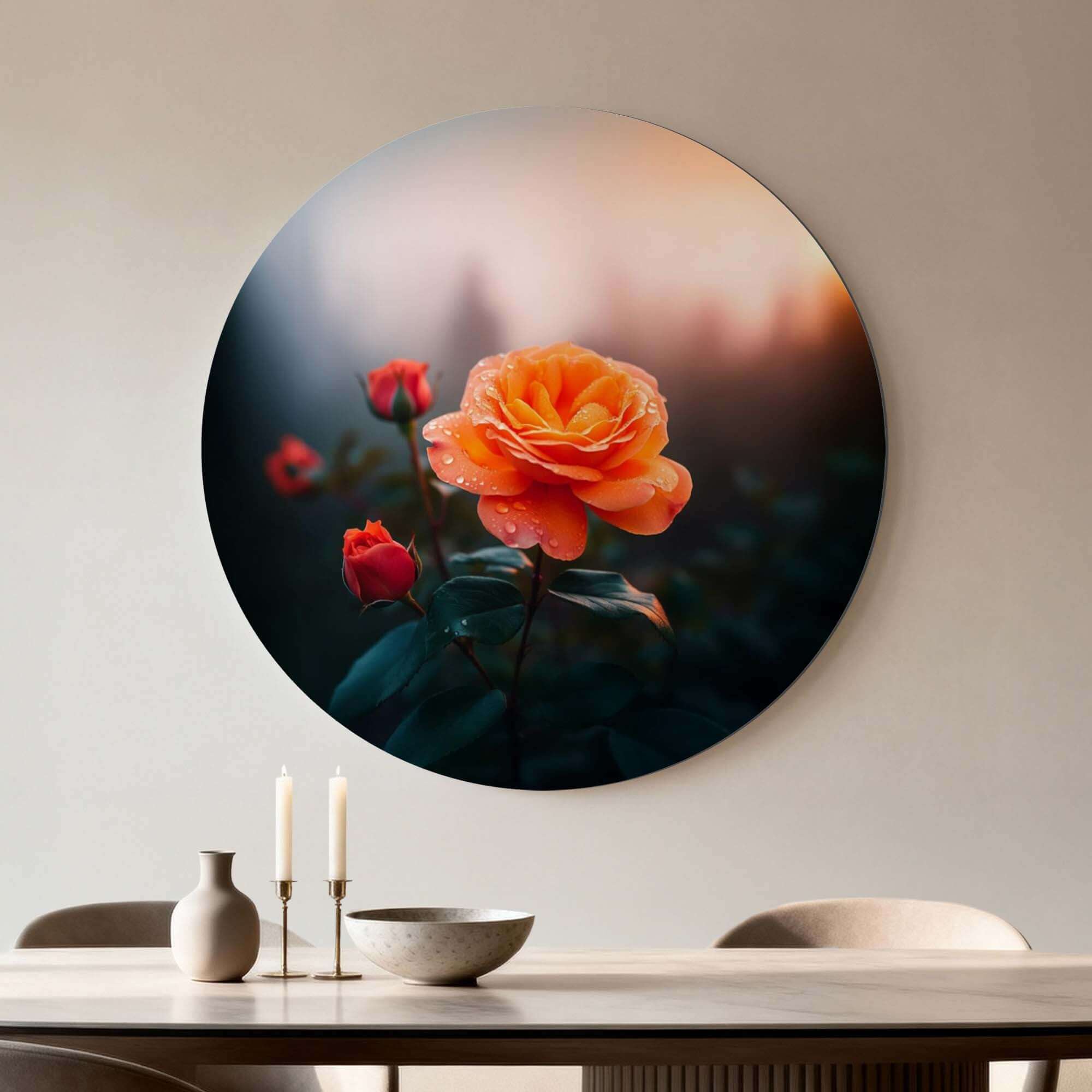 Morgenrose - Wandbild mit einer warmen orangefarbenen Rose im sanften Morgenlicht, perfekt für die Wanddekoration.
