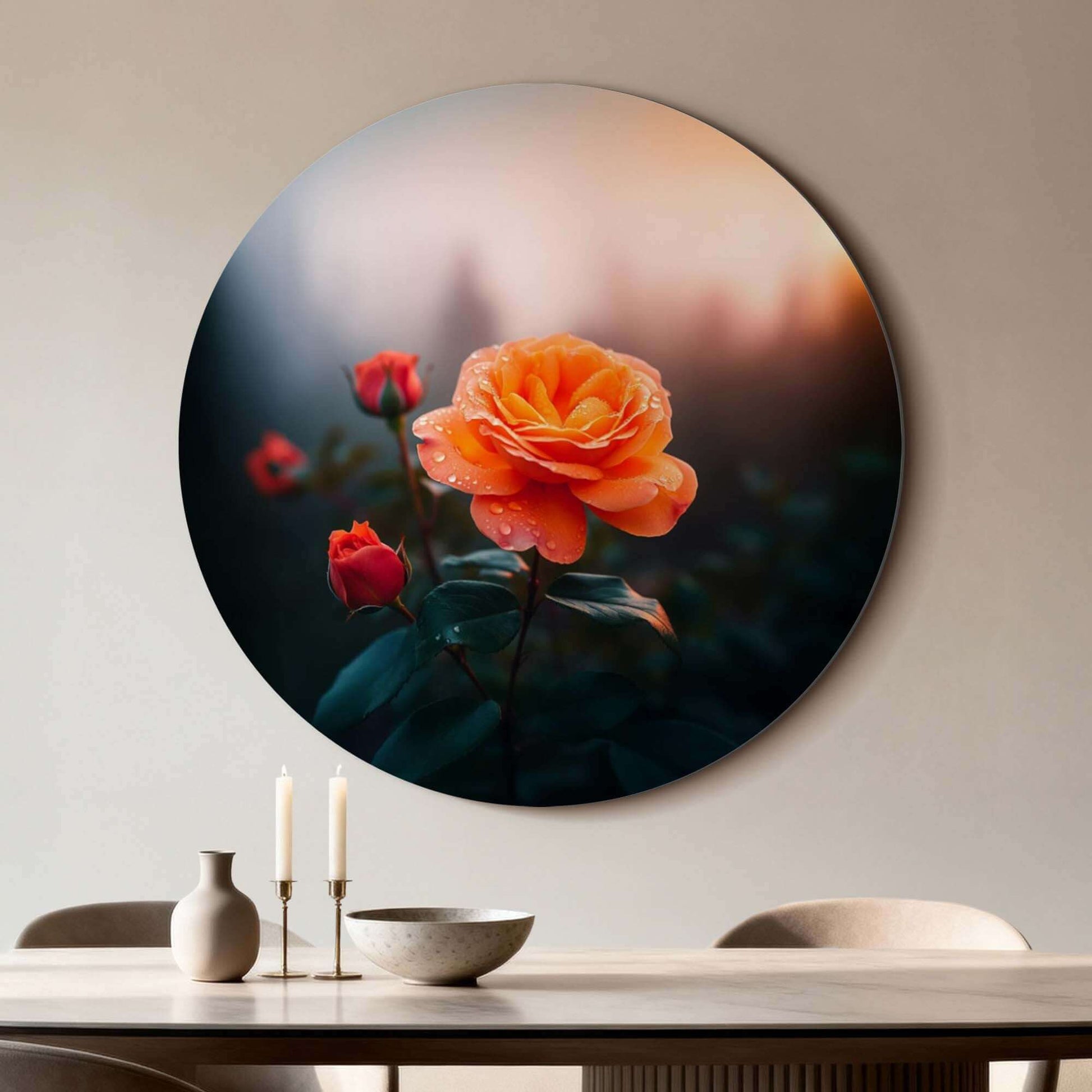Morning rose - Wandbild mit warmer orangefarbener Rose im sanften Morgenlicht, perfekt für jede Küche oder jedes Esszimmer.
