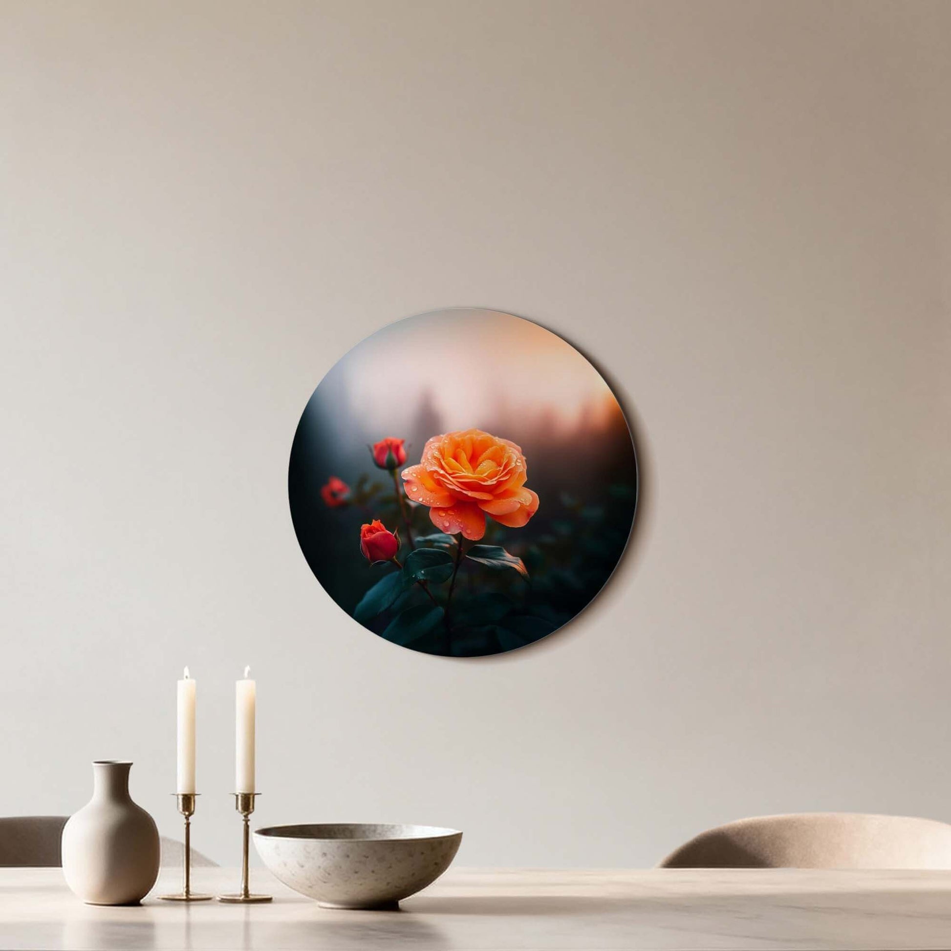 Morgenrose - Wandbild, warme orangefarbene Rose im Morgenlicht, Wandbild für elegante Küche oder Esszimmer.