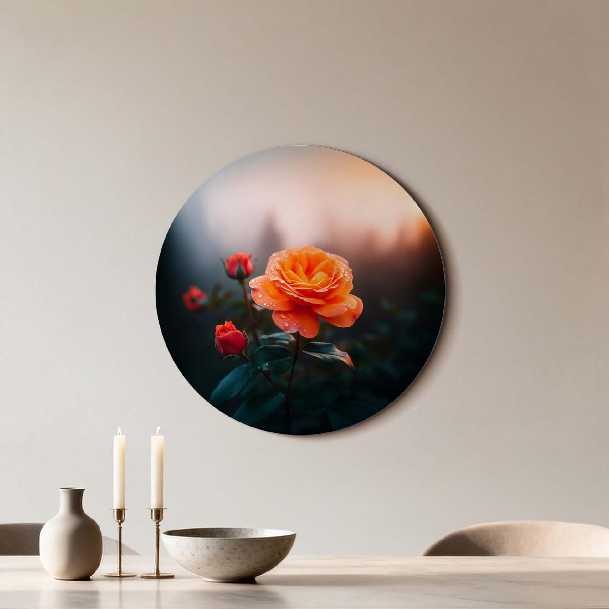 Morgenrose - Wandbild mit einer warmen orangefarbenen Rose im sanften Morgenlicht, perfekte Wanddekoration.
