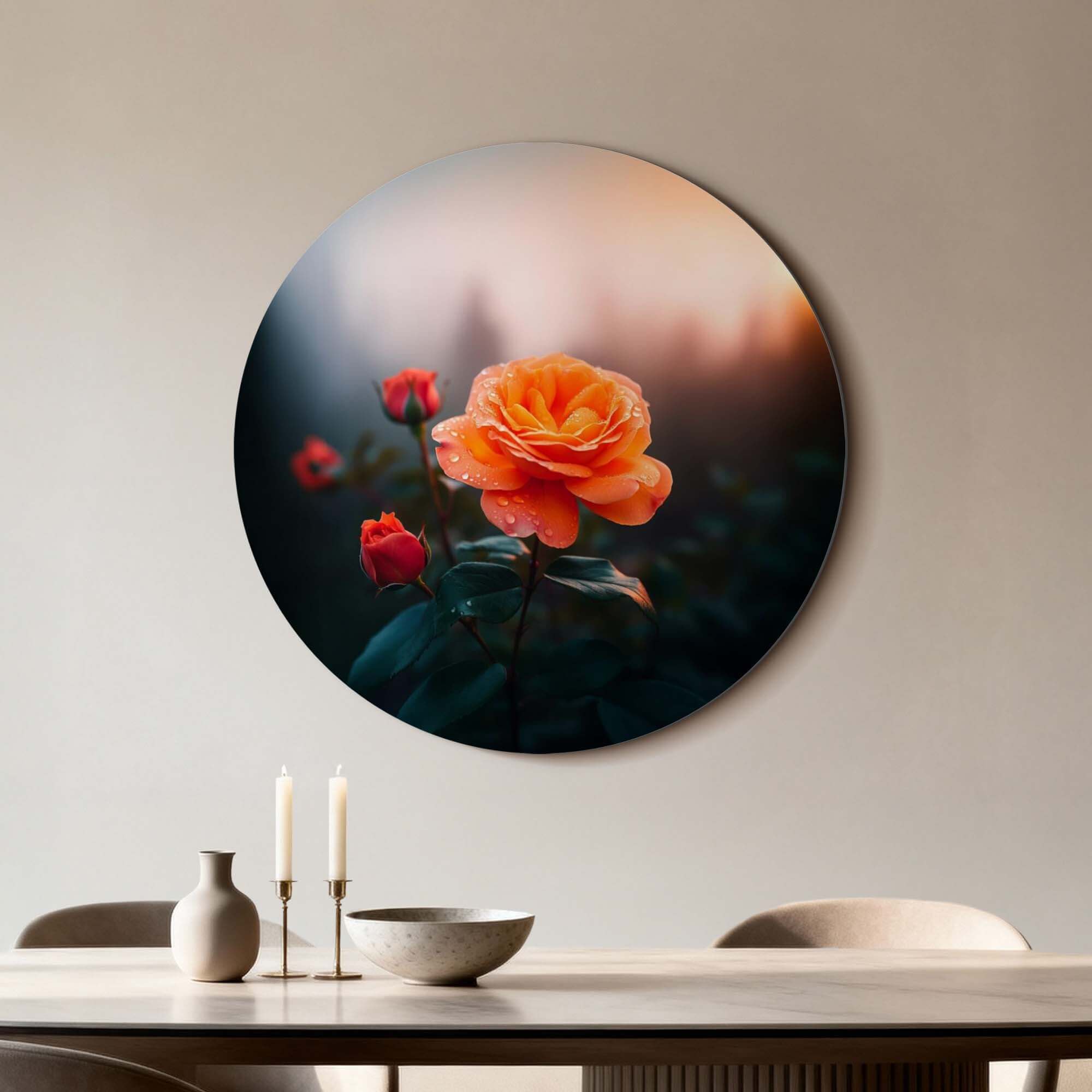 Morgenrose - Wandbild, warme orangefarbene Rose im Morgenlicht, perfekt für die Dekoration von Küche oder Esszimmer.