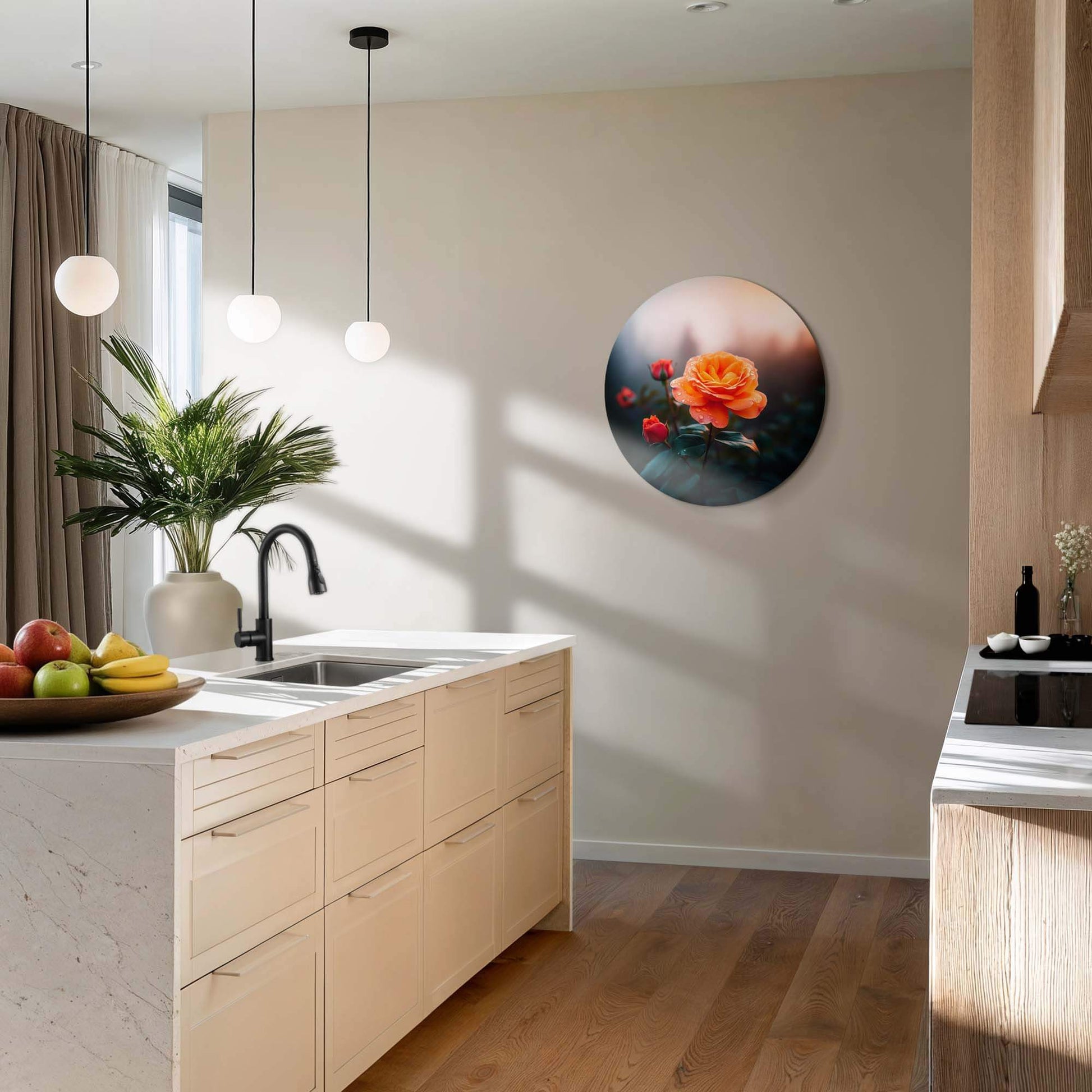 Morgenrose - Wandbild in der Küche mit warmer orangefarbener Rose im Morgenlicht und schöner Wandbilddekoration.