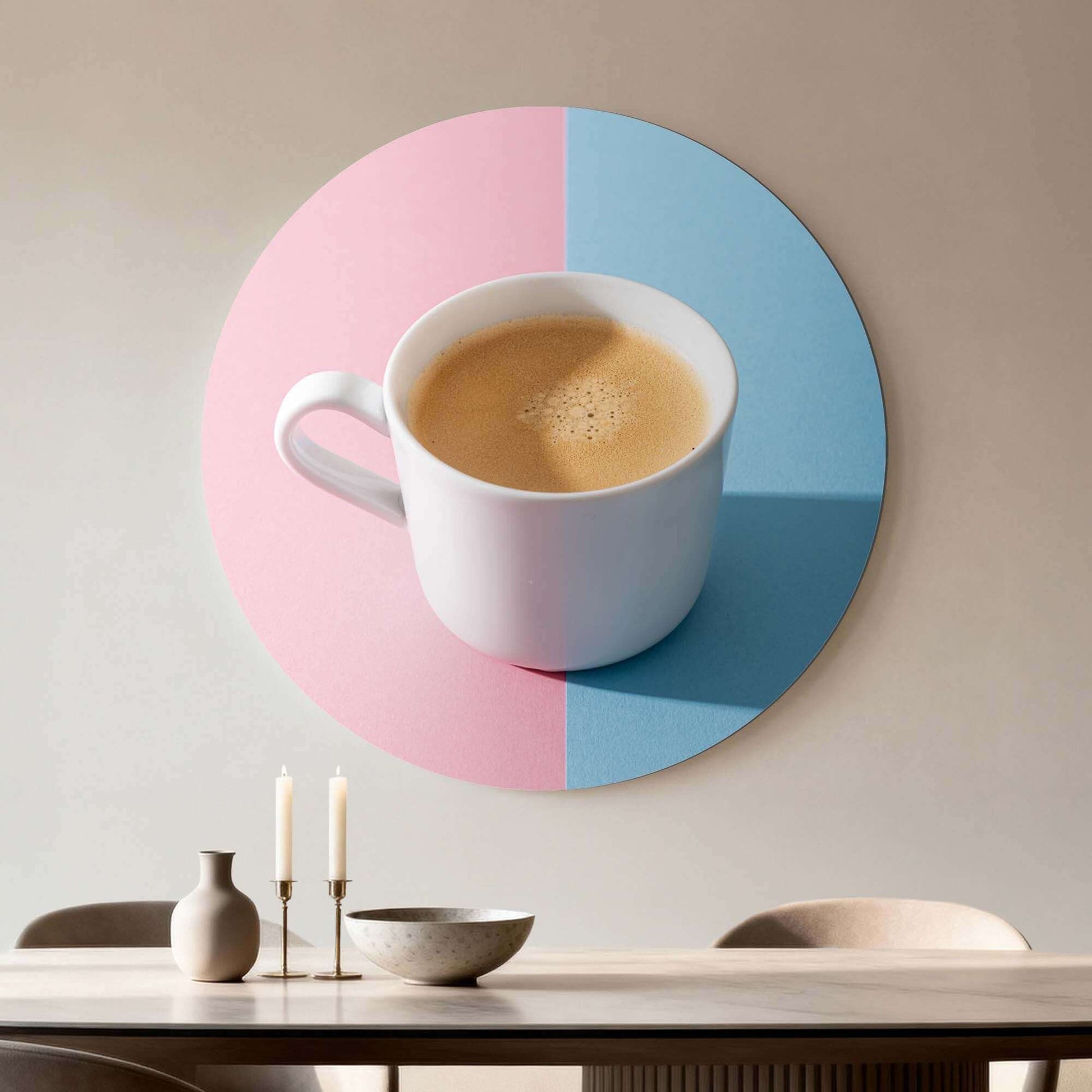 Pastel Coffee Moment - Wandbild mit frischem Kaffee auf pastellfarbenem Hintergrund, ideal für moderne Wände. Wandbild und Wandbilder.