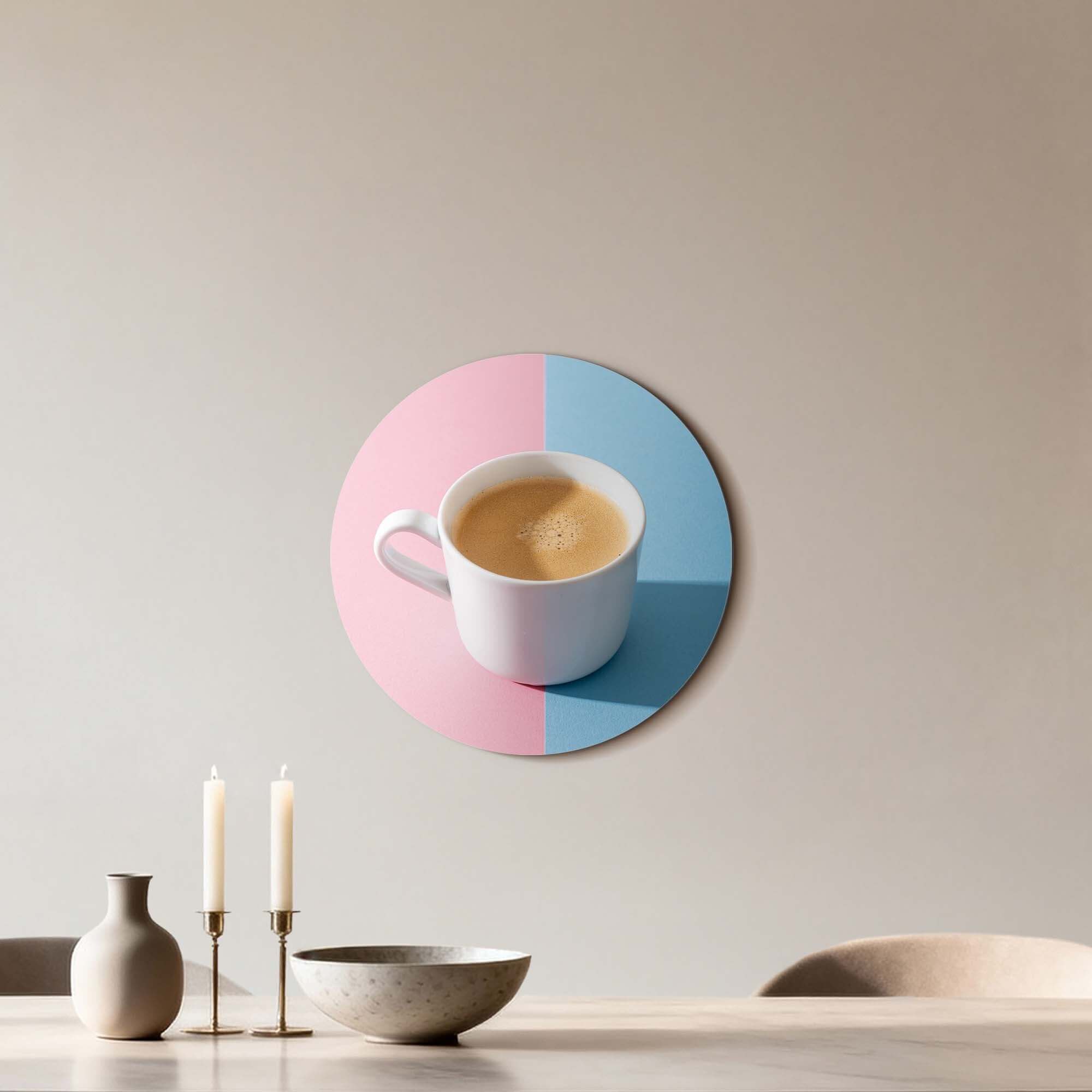 Pastell Kaffee Moment - Wandbild mit Kaffeetasse auf pastellfarbenem Hintergrund, moderne Wanddekoration für Küche oder Kaffeeecke, Wandbilder