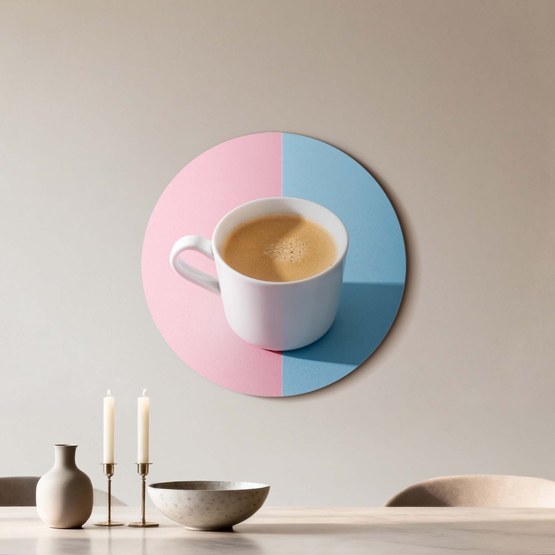 Pastell Kaffee Moment - Wandbild mit frischem Kaffee auf pastellfarbener Wand, ideal für die moderne Küche, Wandbild Dekoration.