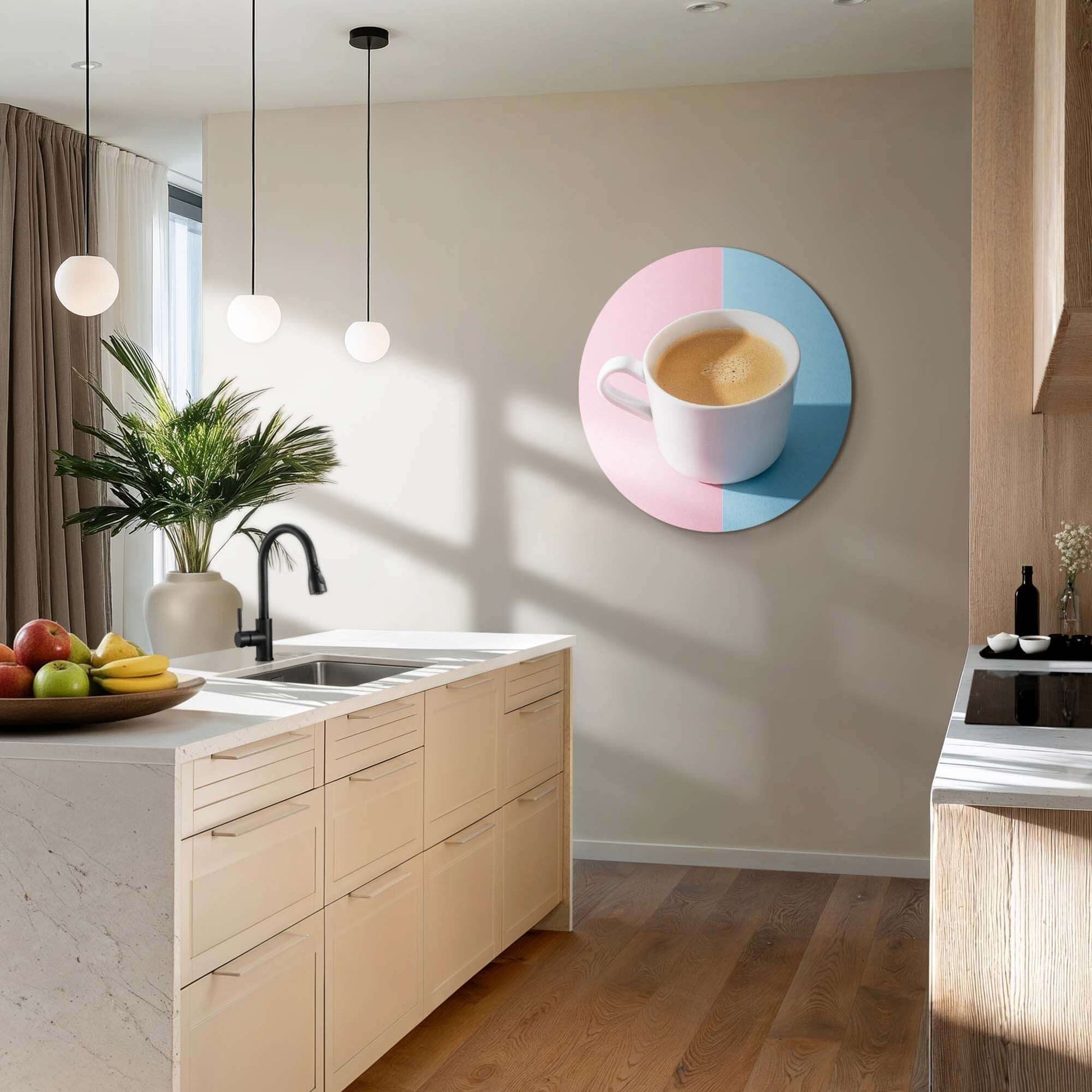 Pastell Kaffee Moment - Wandbild: weicher Wandbild mit Kaffee auf pastellfarbenem Hintergrund, perfekt für moderne Küchen und Kaffeeecken.