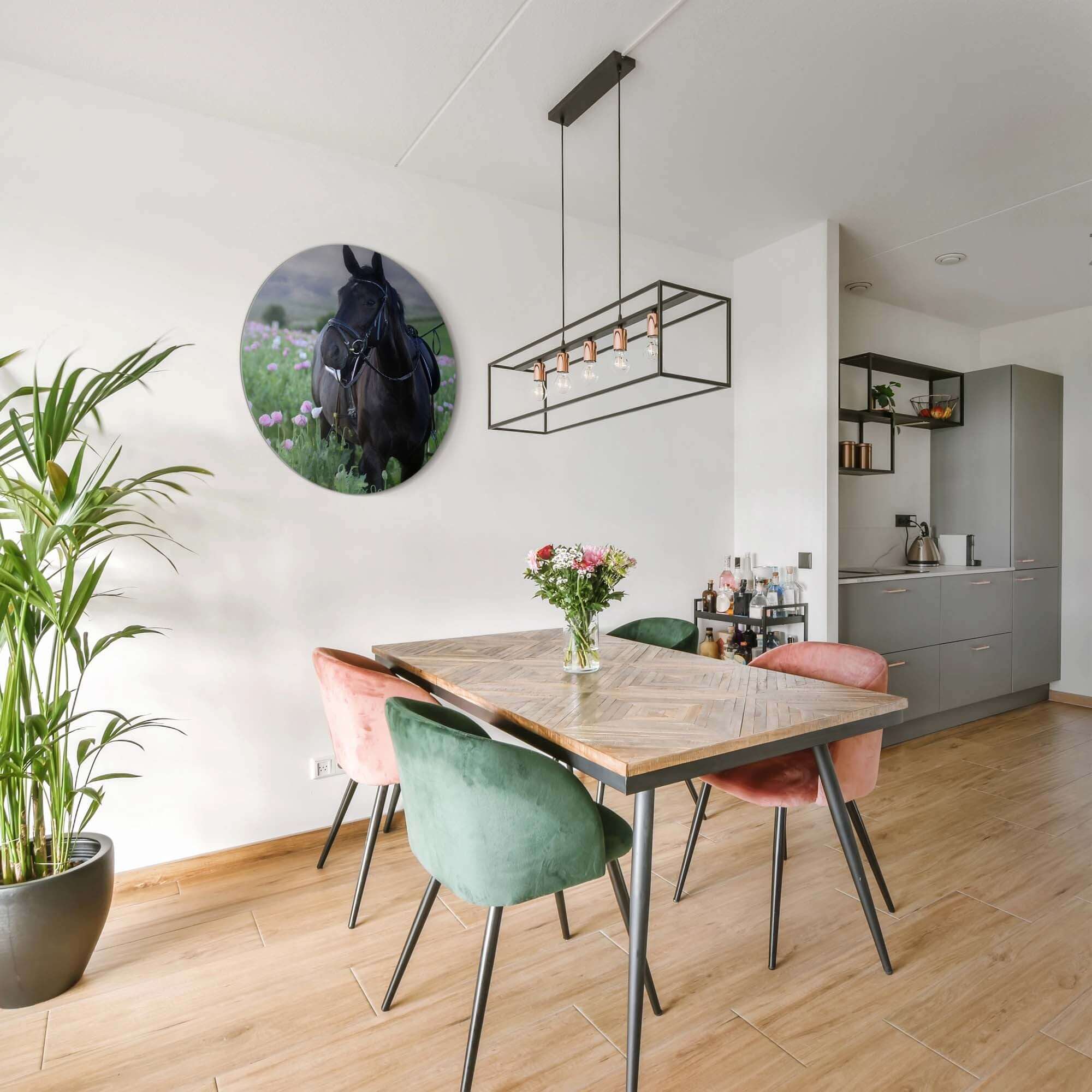 Pasture Light - Wandbild, ein schwarzes Pferd in blühendem Grasland, perfekt für stilvolle Wandbilder.