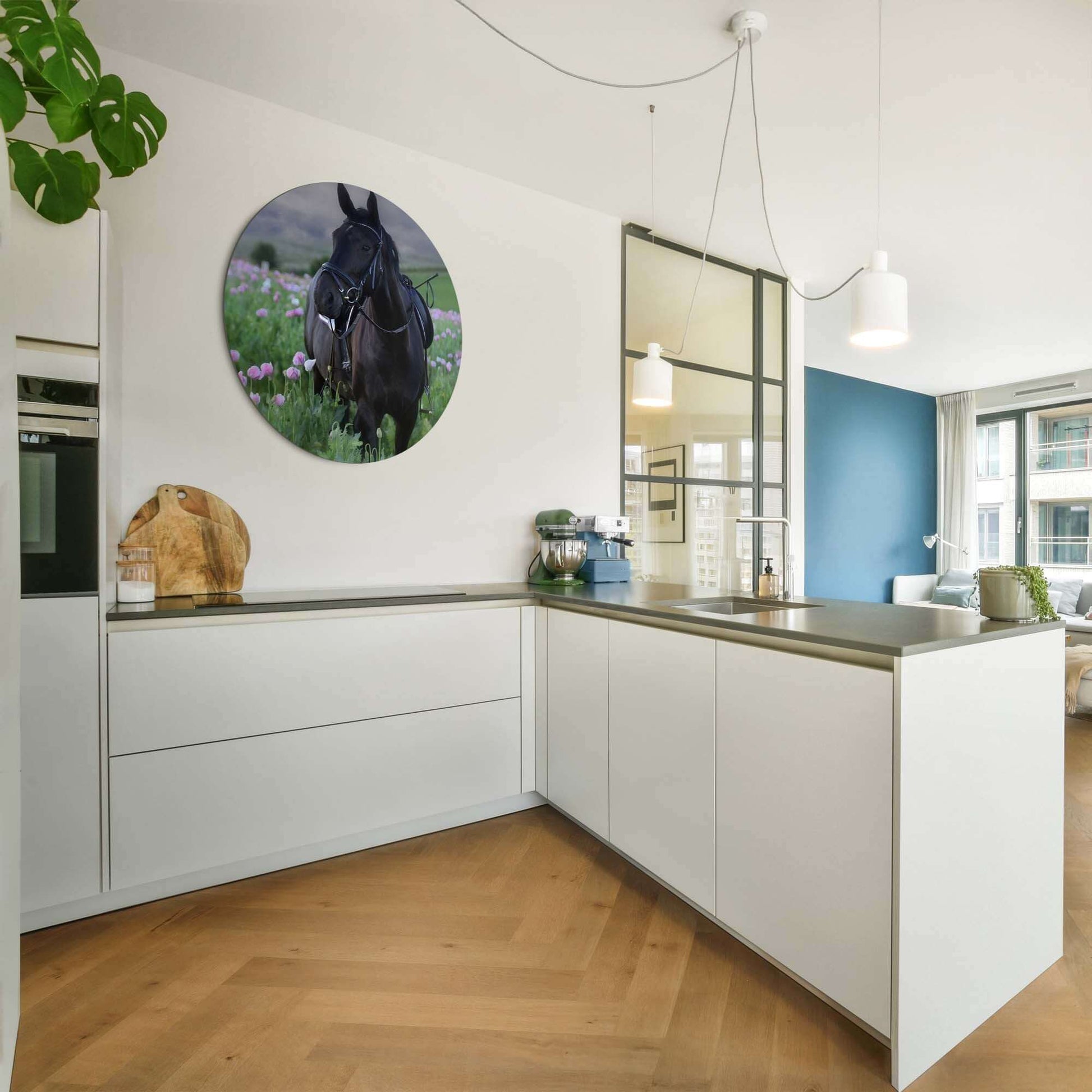 Pasture Light - Wandbild in einer modernen Küche mit schwarzem Pferd und Blumen an der Wand.