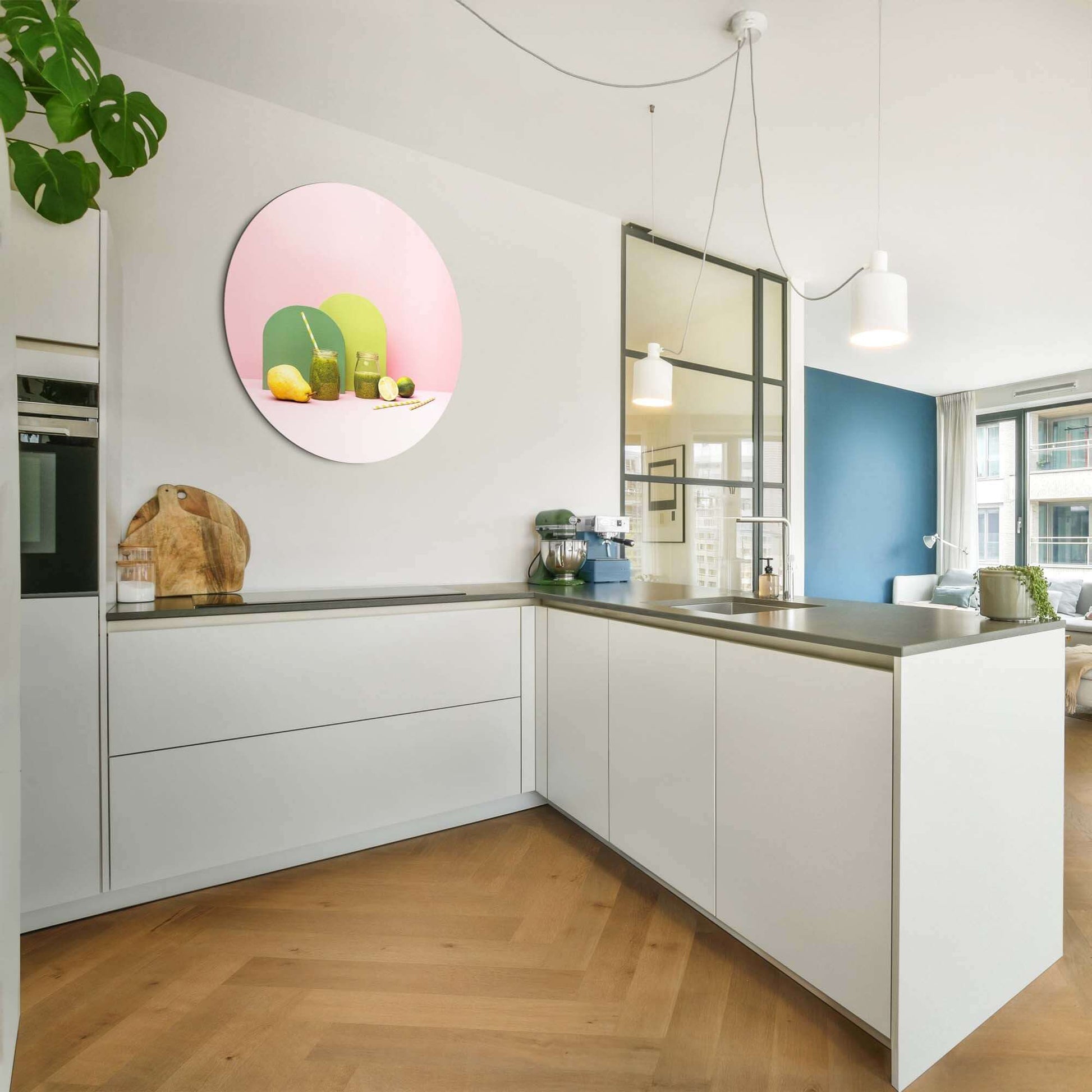Pear Lime Blend - Wandbild Küchenmotiv mit Birne und Limette in Pastellfarben. Perfekt energiegeladene und farbenfrohe Wanddekoration.