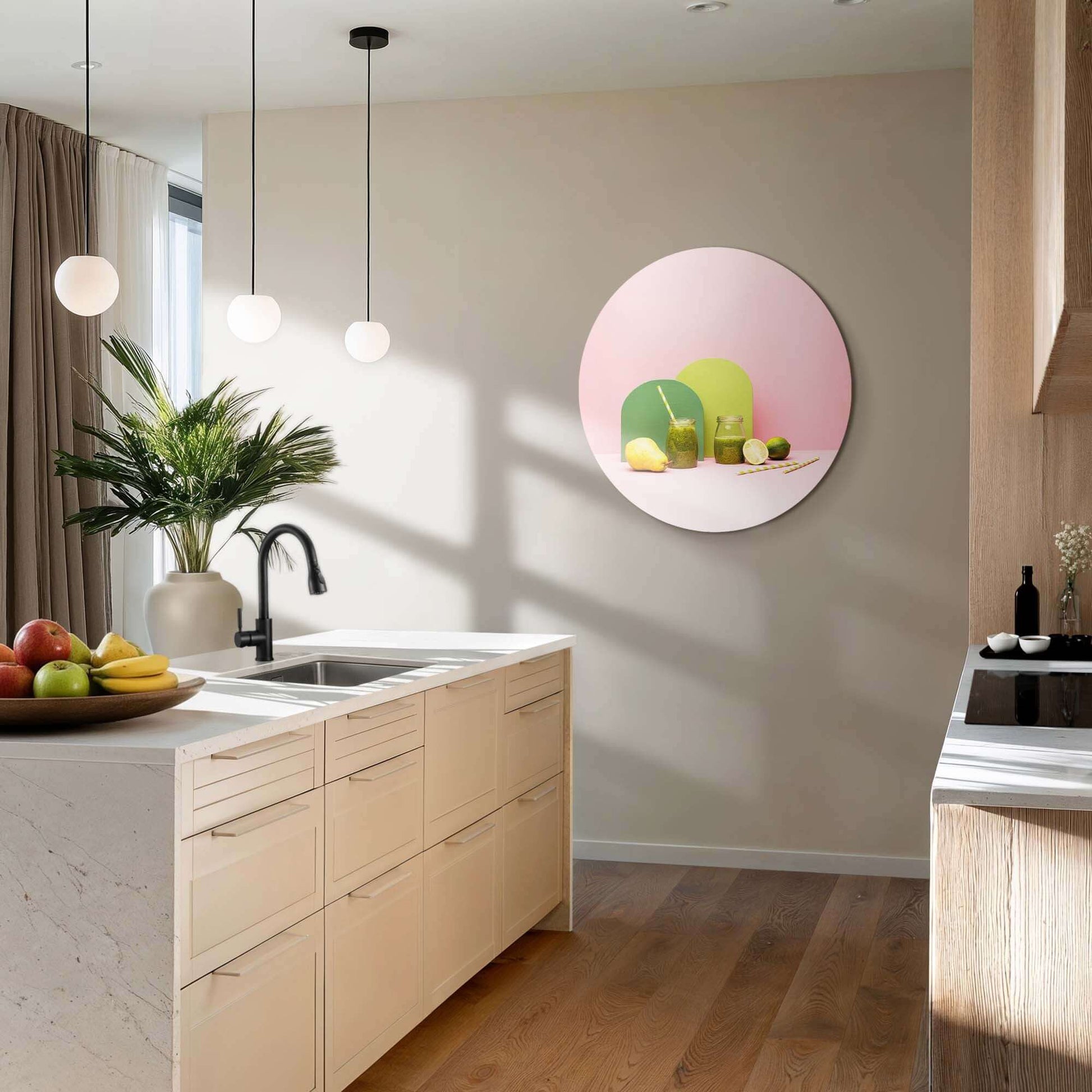 Pear Lime Blend - Wall Circle, ein frischer Wandbild mit Birne und Limette in Pastellfarben, perfekt für die Küchendekoration.