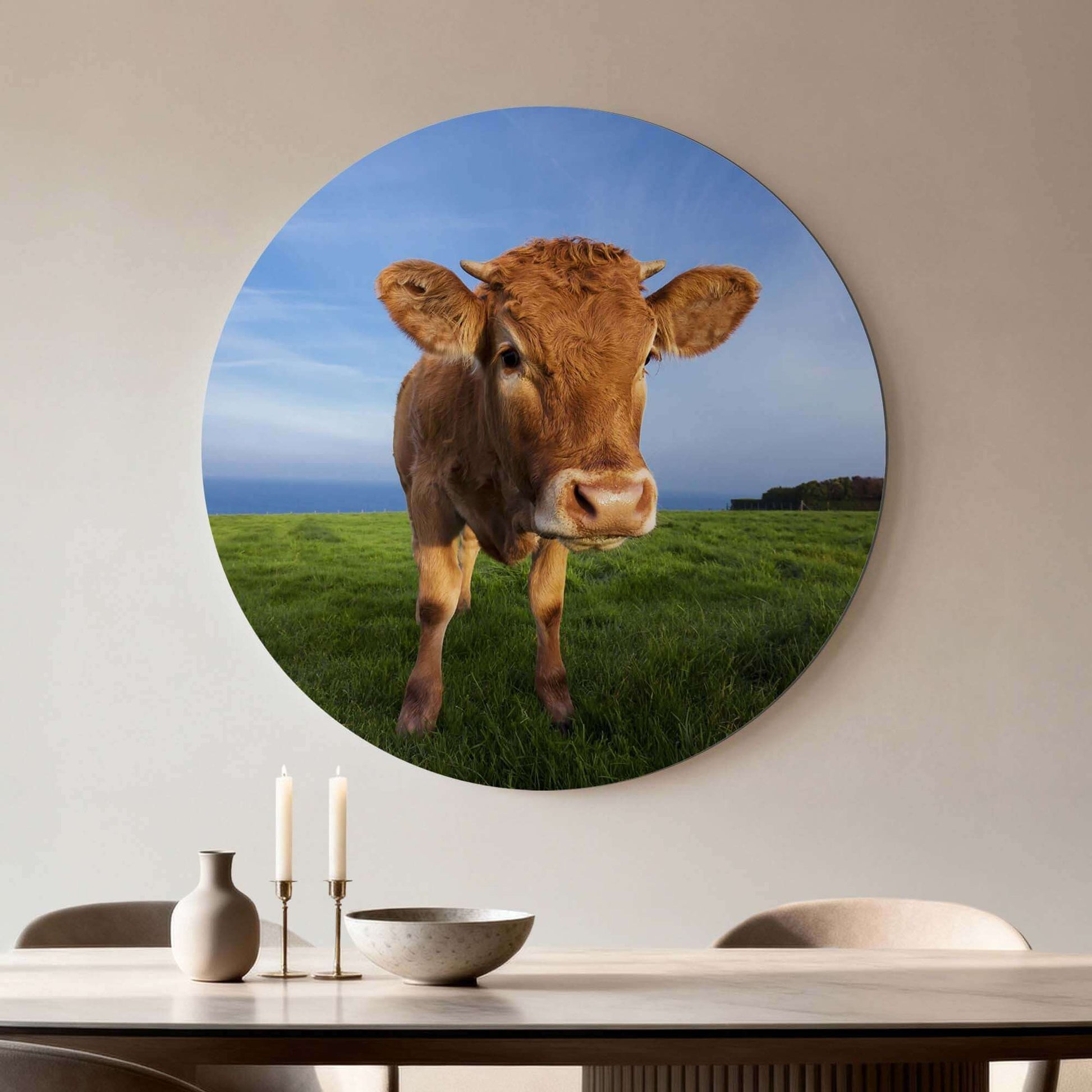 Kalb auf der Wiese - Wandbild mit neugierigem Kalb auf der Wiese, hochwertiges Aluminium-Dibond, passt in Küche oder Wohnzimmer, rustikal und langlebig.
