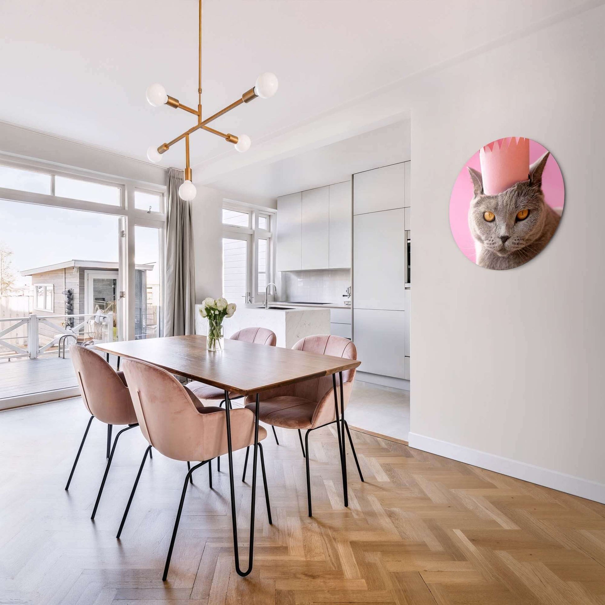 Interior with Regal Whiskers - Wandbild, elegante graue Katze mit rosa Krone auf Aluminium-Dibond.