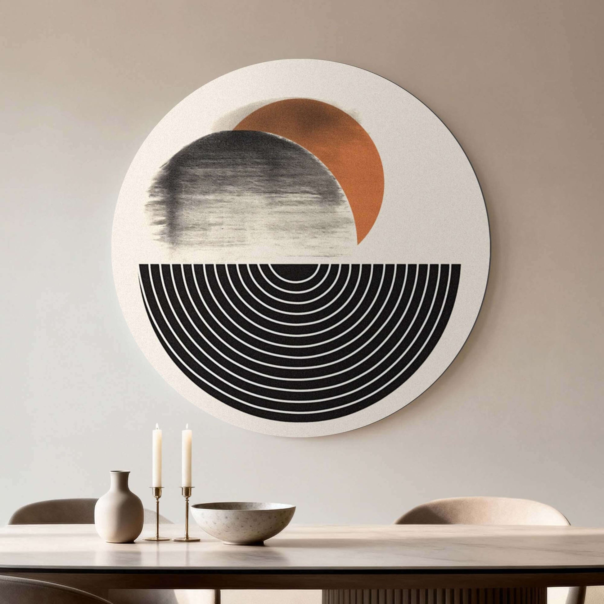 Retro Horizon - Wandbild in Beigetönen mit grafischen Formen hängt im Esszimmer. Stilvoller Wandbild für eine moderne Inneneinrichtung.