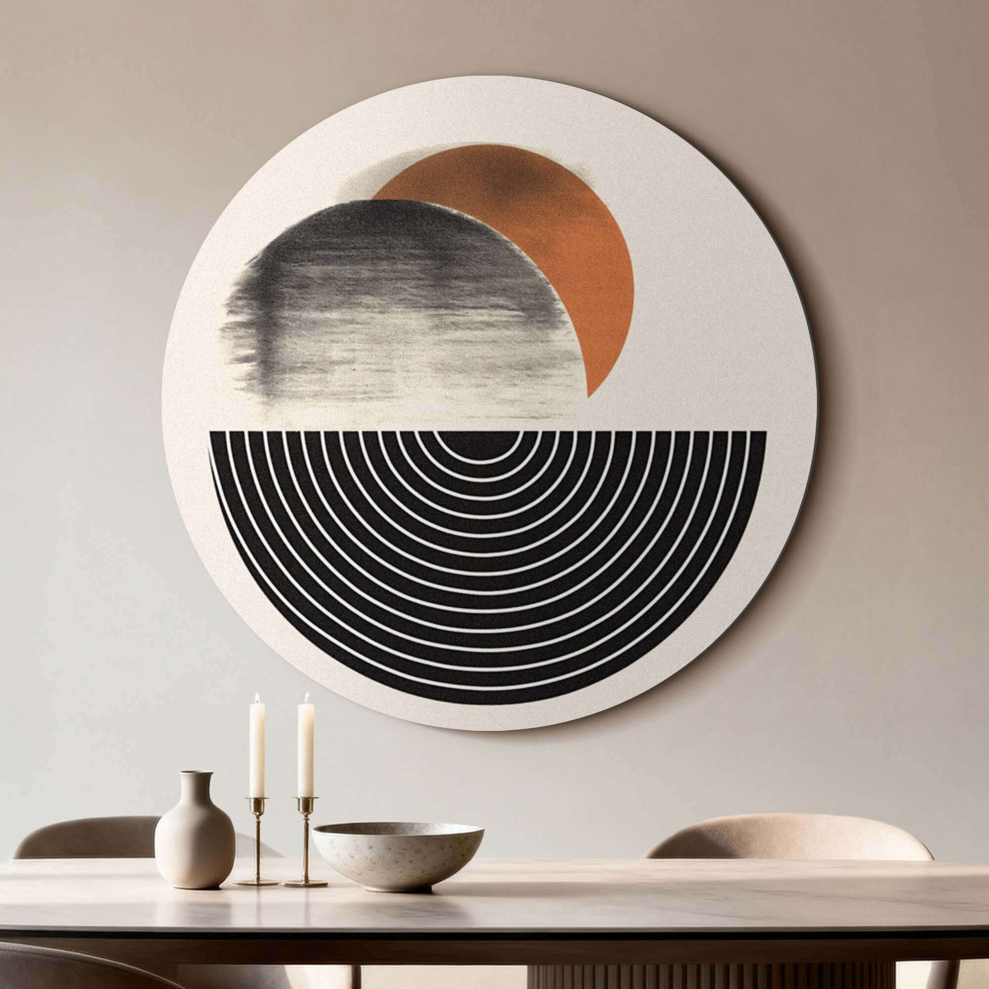 Retro Horizon - Wandbild, moderner Kunstwandbild in Beige-, Schwarz- und Orangetönen, stilvolle Dekoration für Küche oder Wohnzimmer.