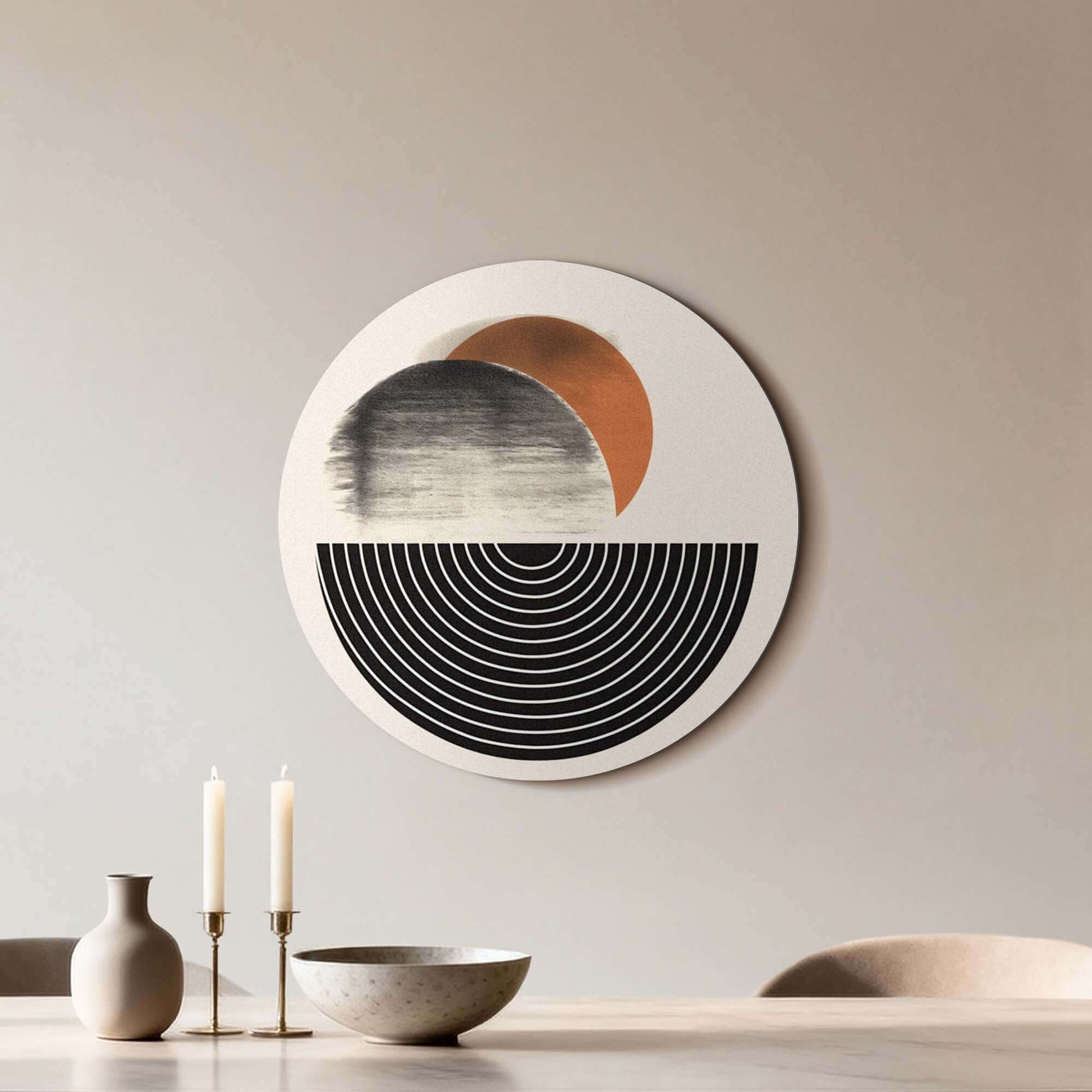 Retro Horizon - Wandbild in Beige mit grafischen Formen in Schwarz und Orange, stilvoller Wandbild für die Küche oder das Wohnzimmer.