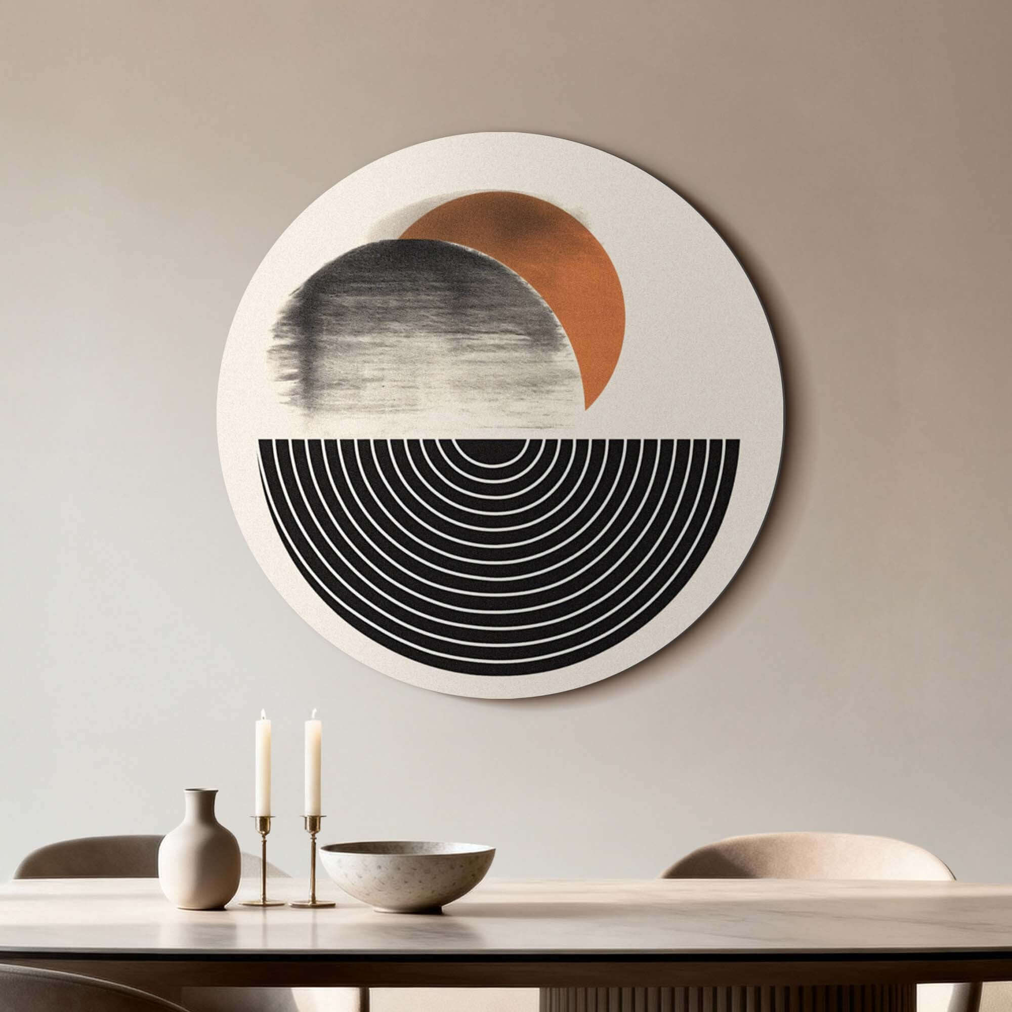 Retro Horizon - Wandbild in Beige mit schwarzen und orangefarbenen grafischen Formen, perfekt für Küche oder Esszimmer. Wandbild Dekor.