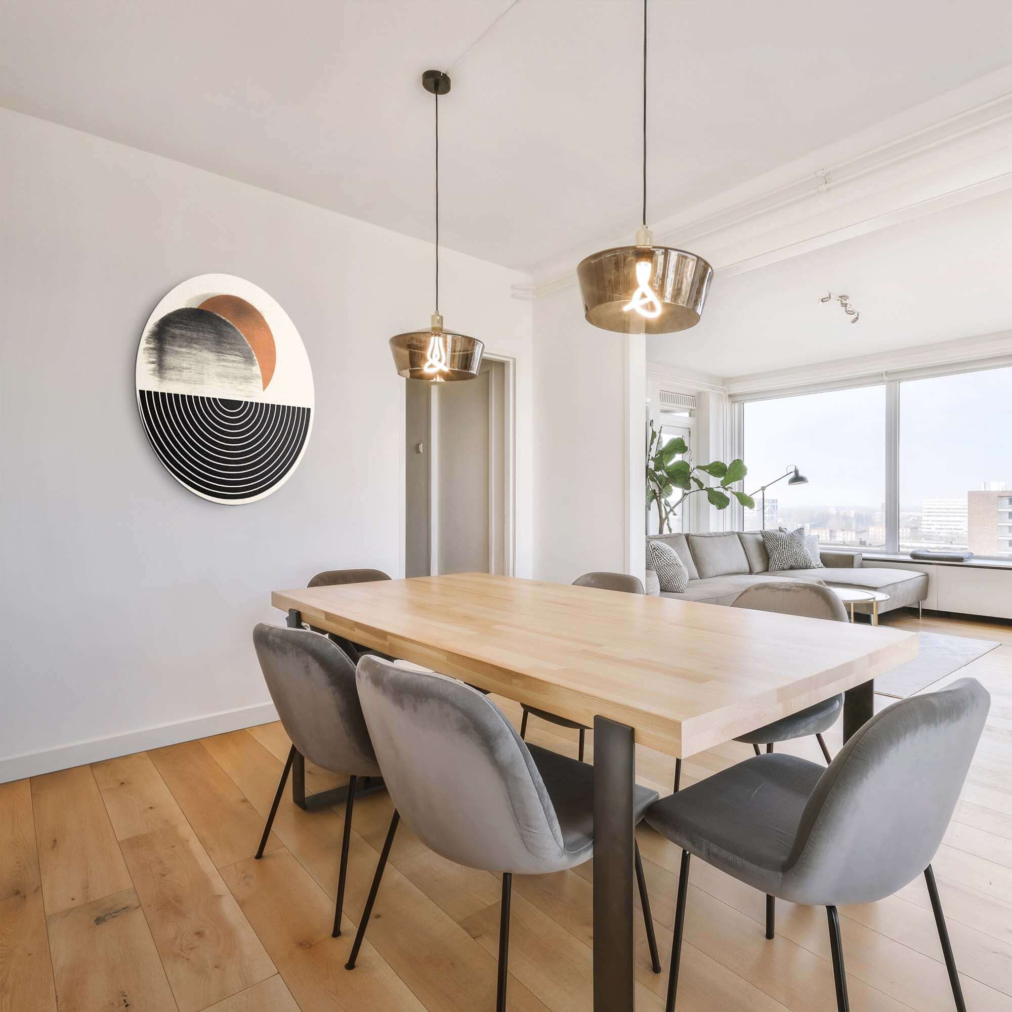 Retro Horizon - Wandbild für das Esszimmer mit modernen grafischen Formen in Schwarz, Beige und Orange, perfekt für Küche, Esszimmer oder Wohnzimmer.