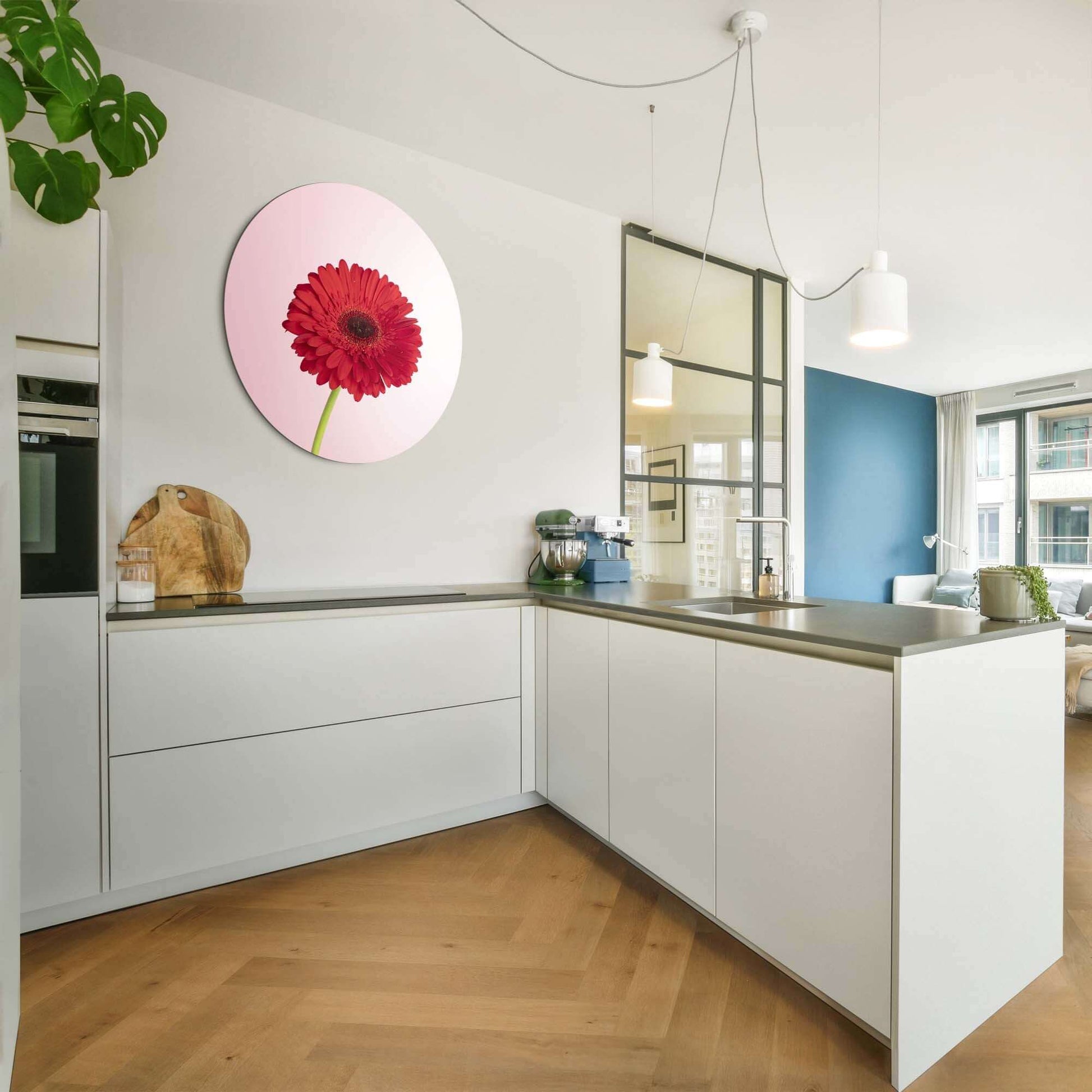 Rote Gerbera - Wandbild über der modernen Küche mit leuchtend roten Gerbera auf rosa Hintergrund.