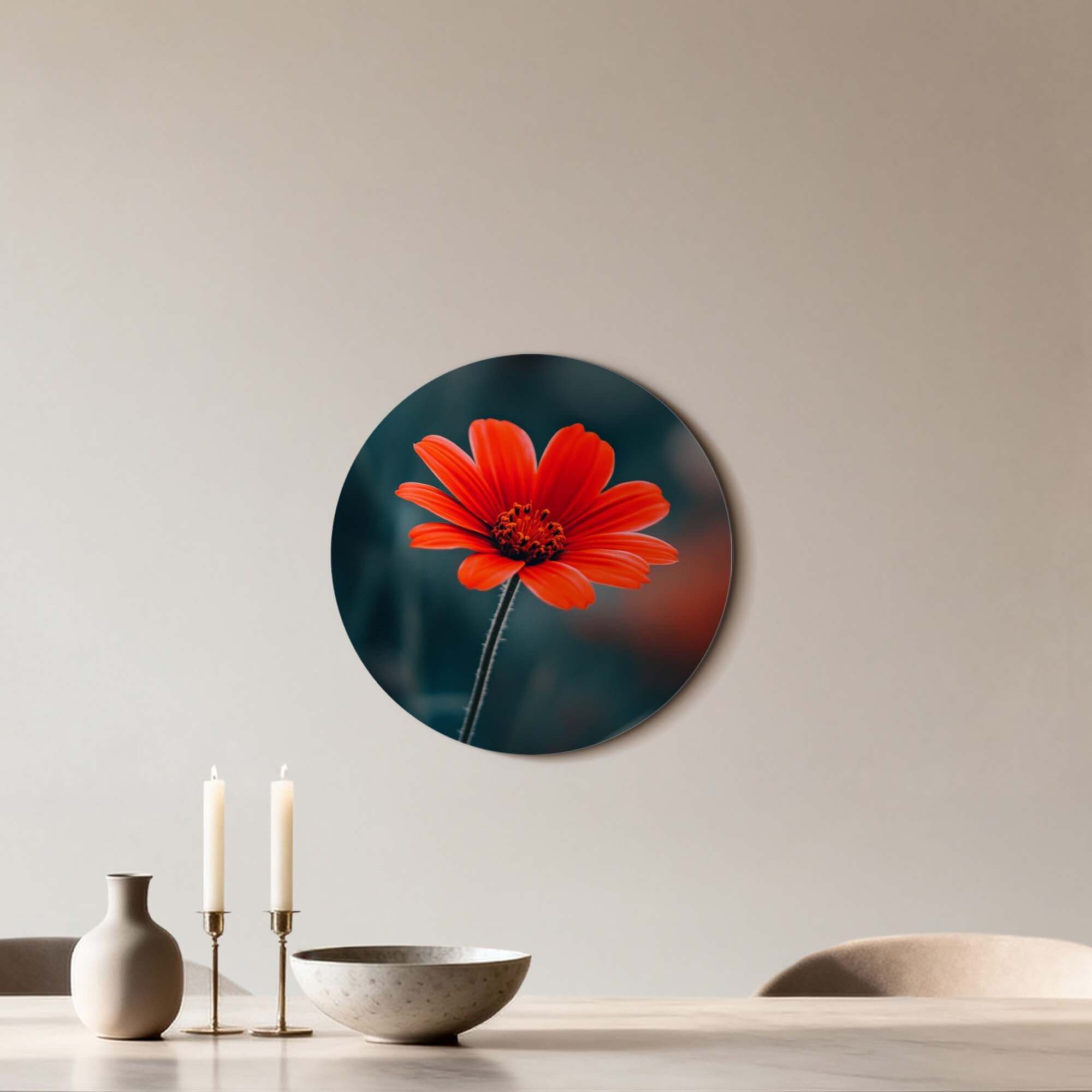 Crimson Grace - Wandbild mit feuerroter Blume auf geheimnisvollem Hintergrund für stilvolle Innenräume.