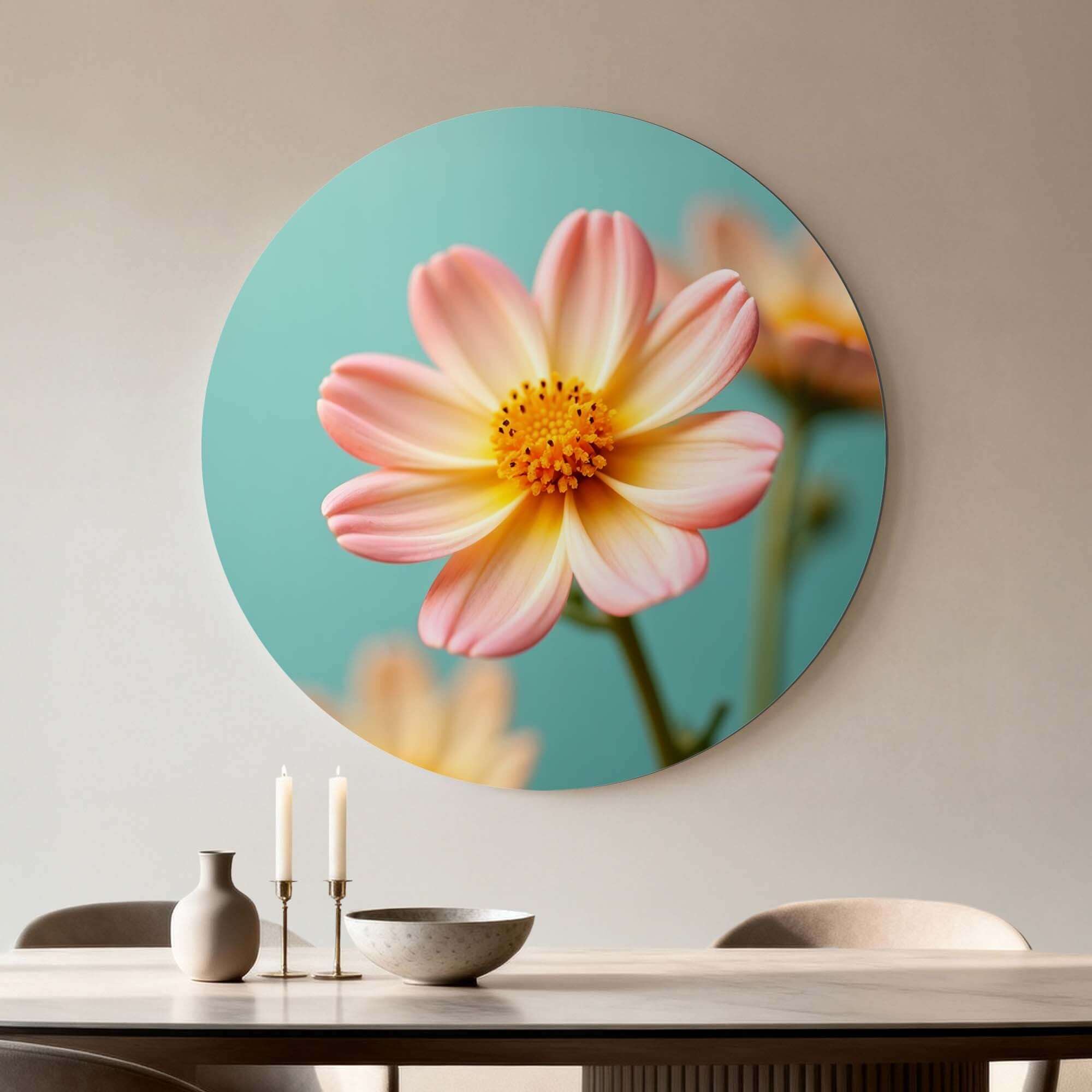 Soft Sunrise - Wandbild mit zarten Blumen in Pfirsich und Gelb auf türkisfarbenem Hintergrund.