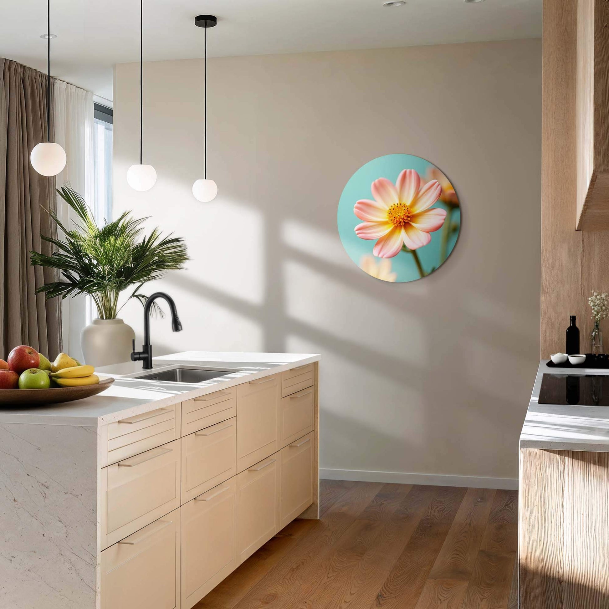 Soft Sunrise - Wandbild mit zartbunter Blume auf türkisfarbenem Hintergrund in moderner Küche.