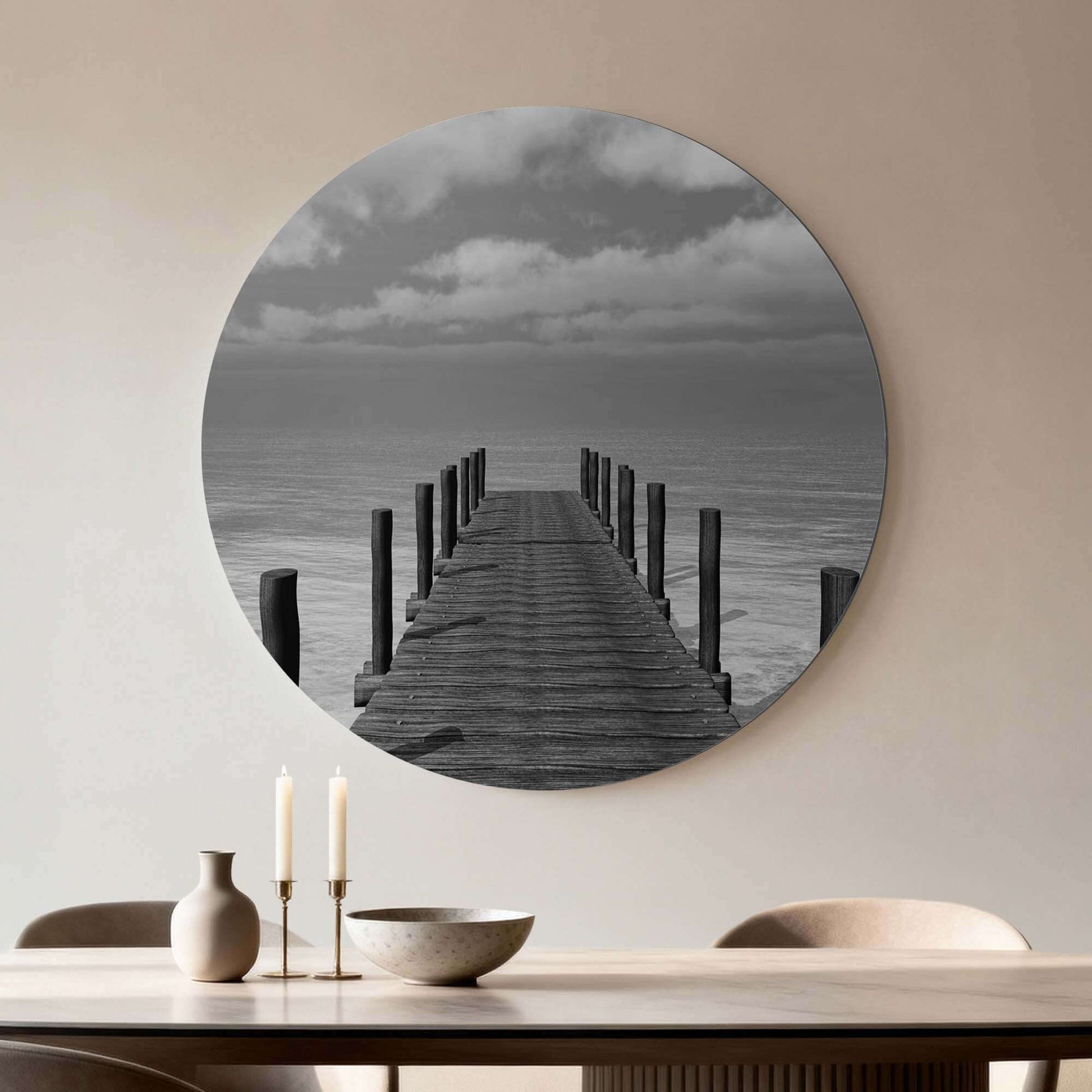 Serene schwarz-weiße Stille Wasser - Wandbild mit Holzgerüst, perfekt für alle, die Ruhe und Eleganz suchen. Ideal für die Innendekoration.