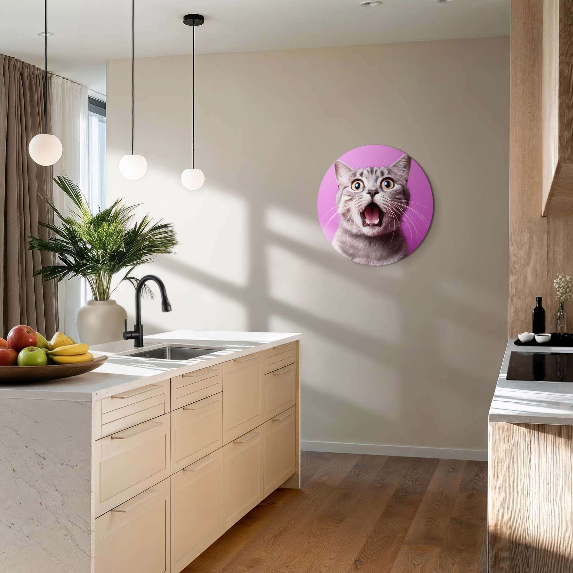 Surprised Whiskers - Wandbild, markante Katze auf rosa Hintergrund, perfekt für moderne Innenräume.