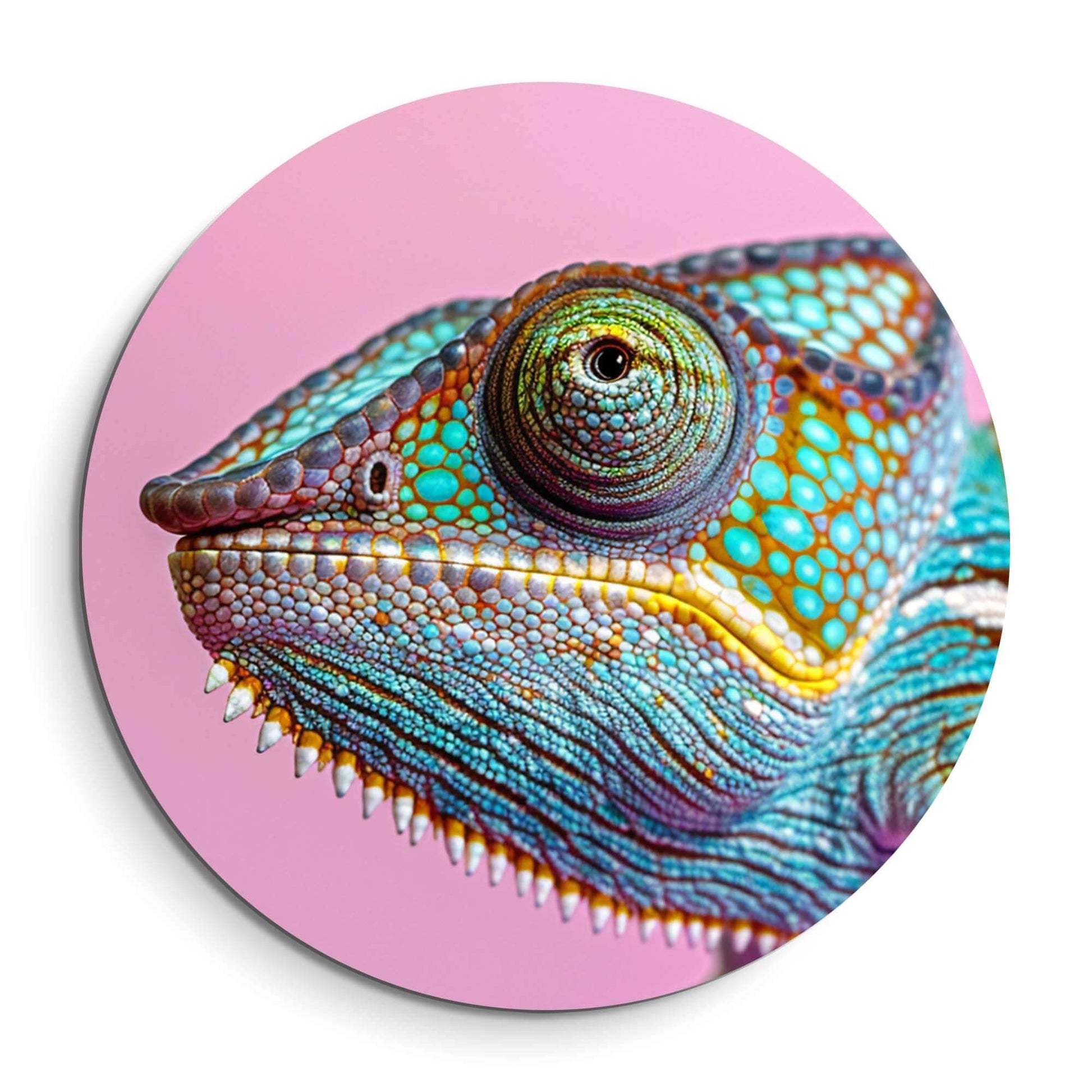 Tropical Gaze - Wandbild mit einem farbenfrohen Chamäleon auf einem zartrosa Hintergrund.
