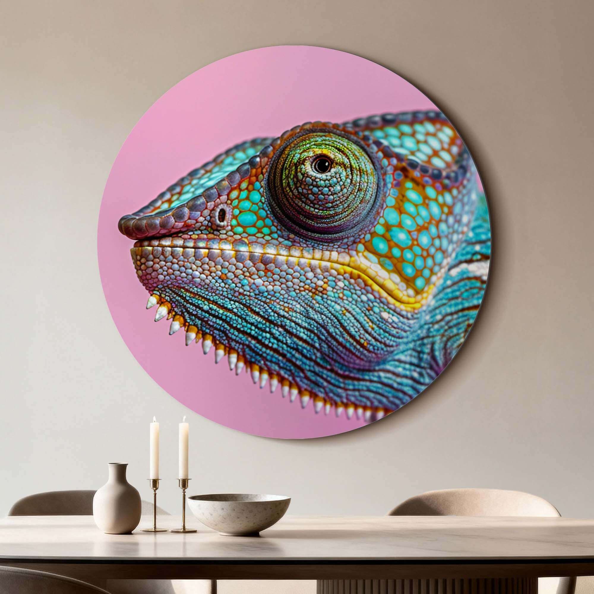 Tropical Gaze - Wandbild mit farbenfrohem Chamäleon vor rosa Hintergrund, perfekt für moderne Innenräume.