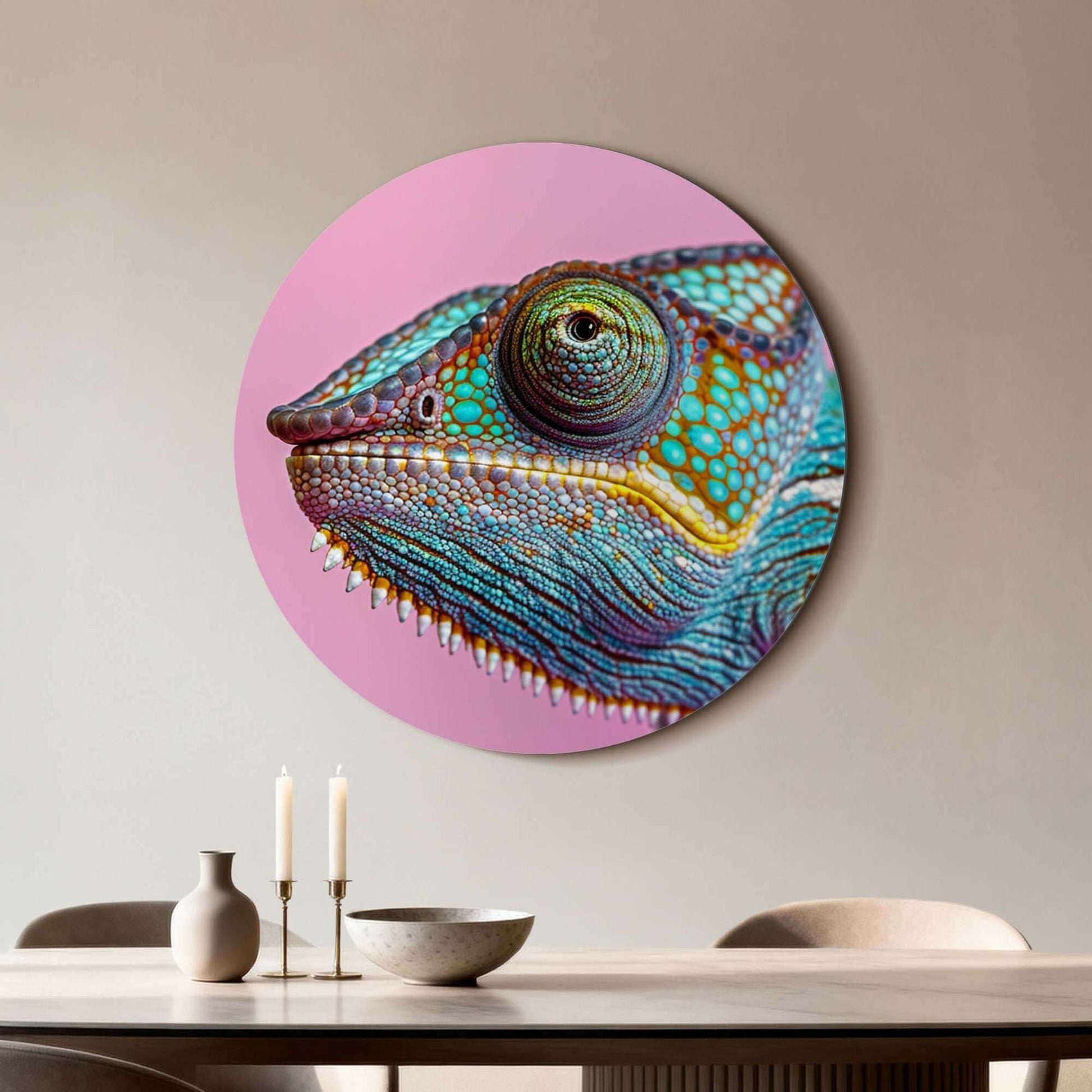 Tropical Gaze - Wandbild mit einem bunten Chamäleon auf rosa Hintergrund