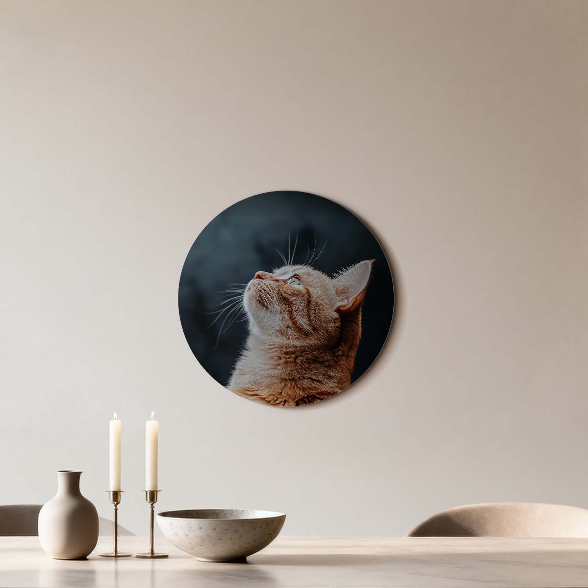 Velvet Gaze - Wandbild mit einer eleganten Katze auf dunklem Hintergrund, moderne Wandbilddekoration.