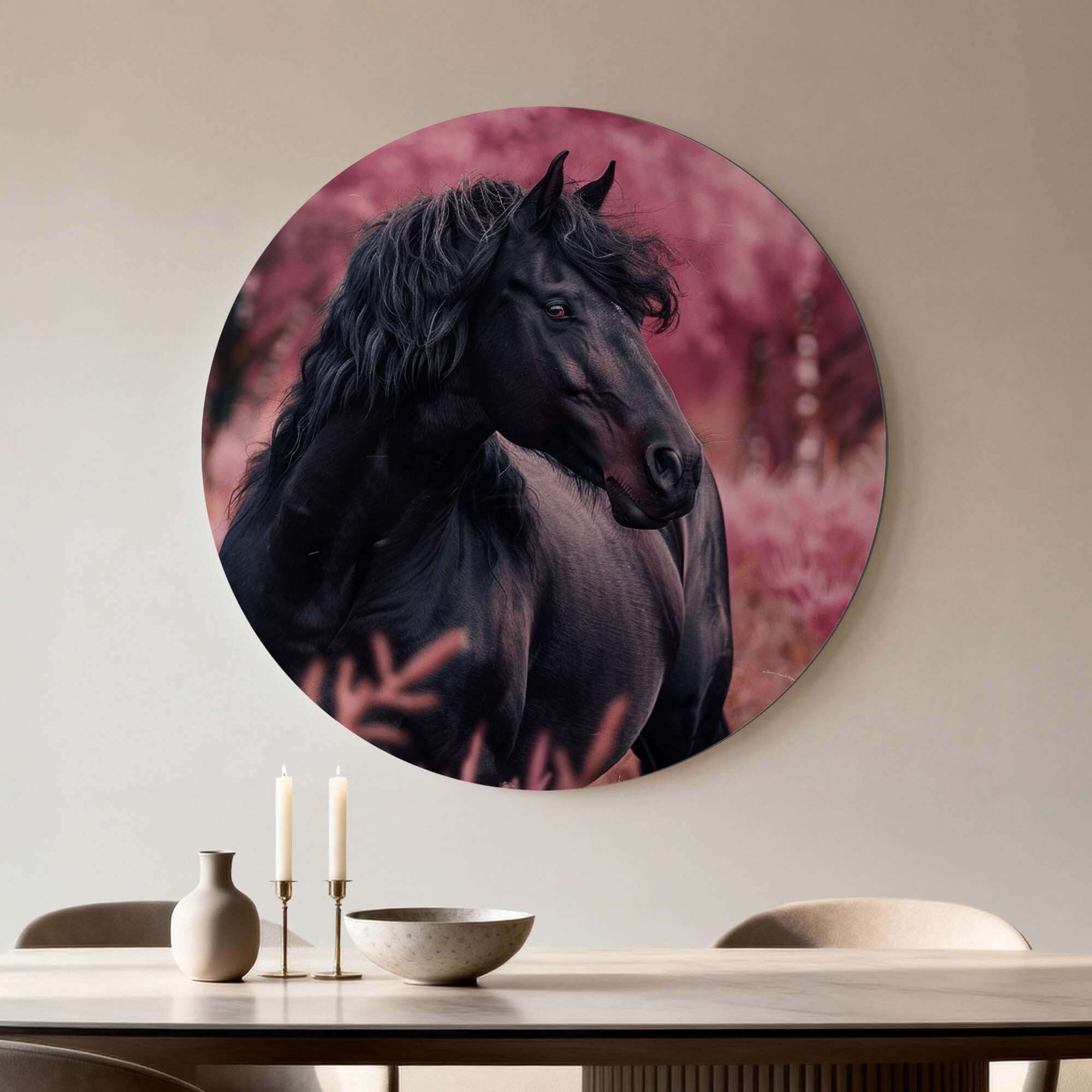 Velvet Spirit - Wandbild, ein schwarzes Pferd in einer magischen rosa Landschaft, eleganter Wandbild für Ruhe und Raffinesse.