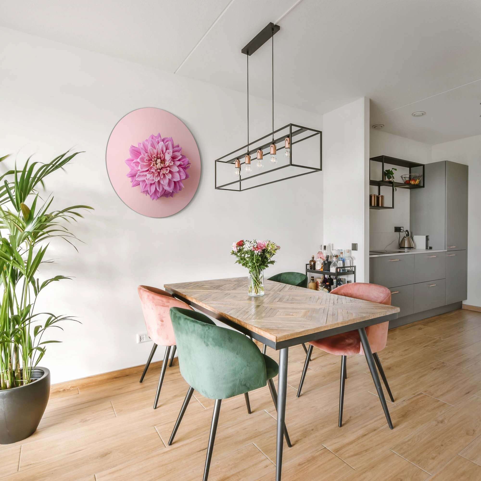 Soft Dahlia - Wandbild an der Wand in einem Esszimmer mit einem modernen Tisch und bunten Stühlen.