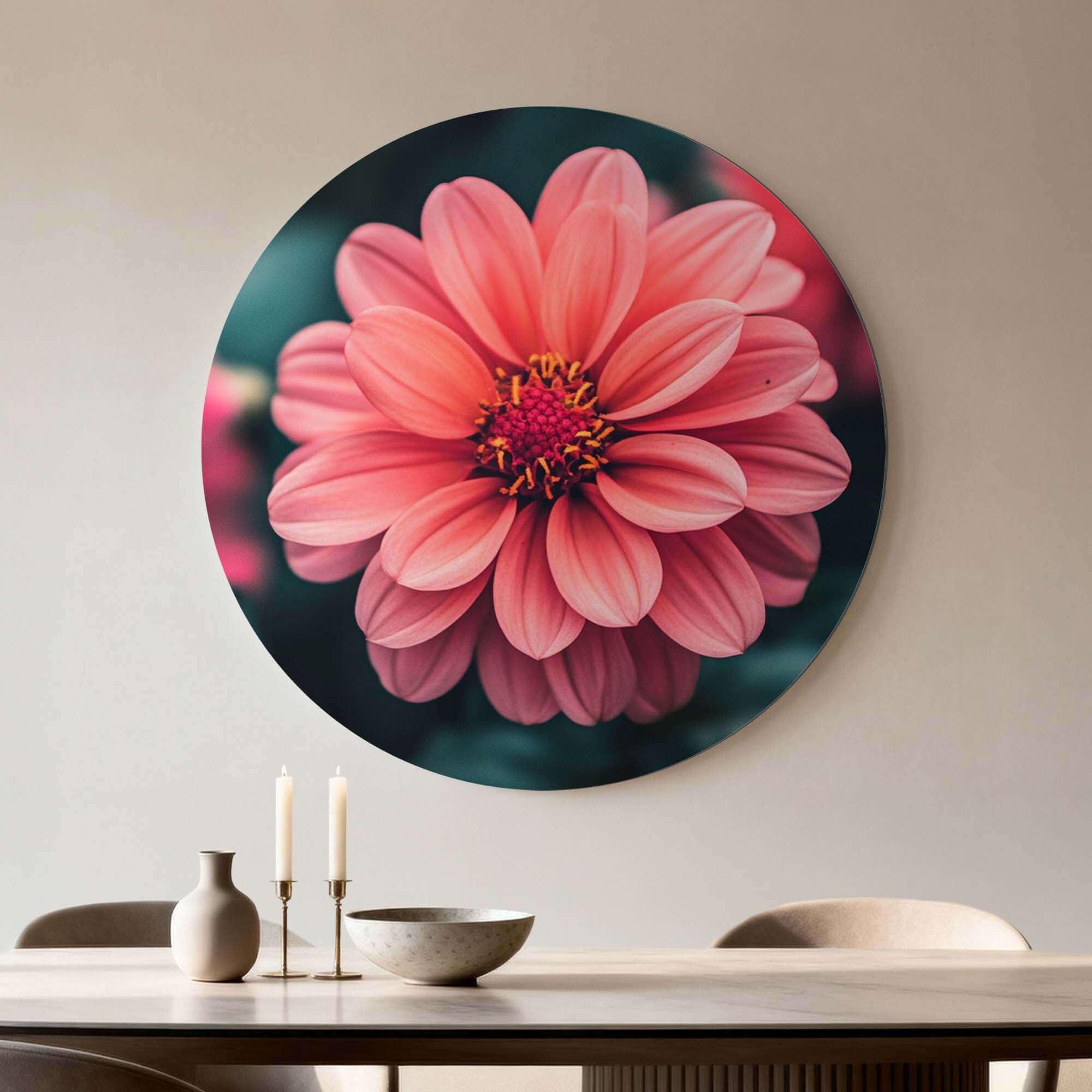 Sunset Dahlia - Wandbild mit warmen lachsrosa Blüten auf grünem Hintergrund, ideal für Ihr Interieur.