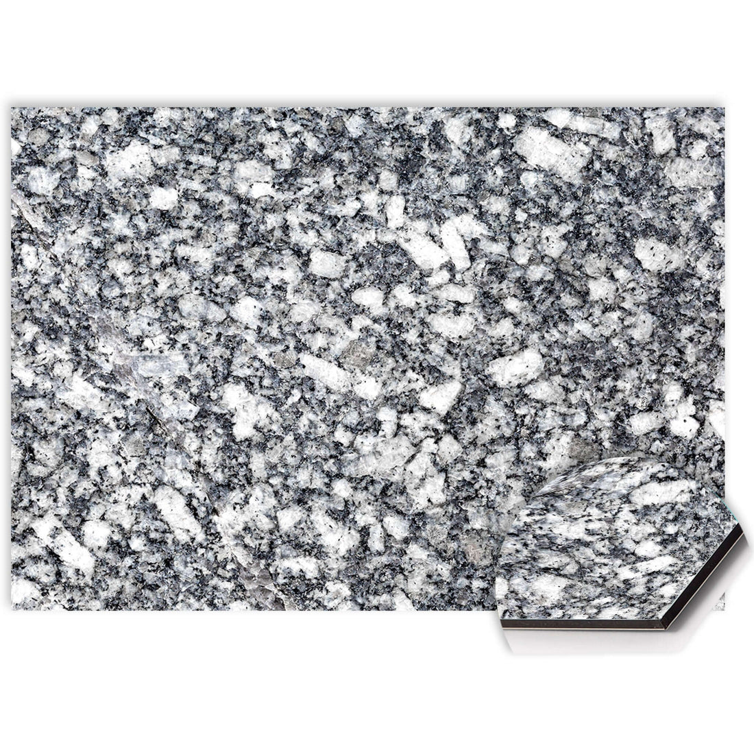 Nahaufnahme der Midnight Granite Spritzwand mit blau-grauer und weißer Granitstruktur auf pflegeleichtem Aluminium Dibond