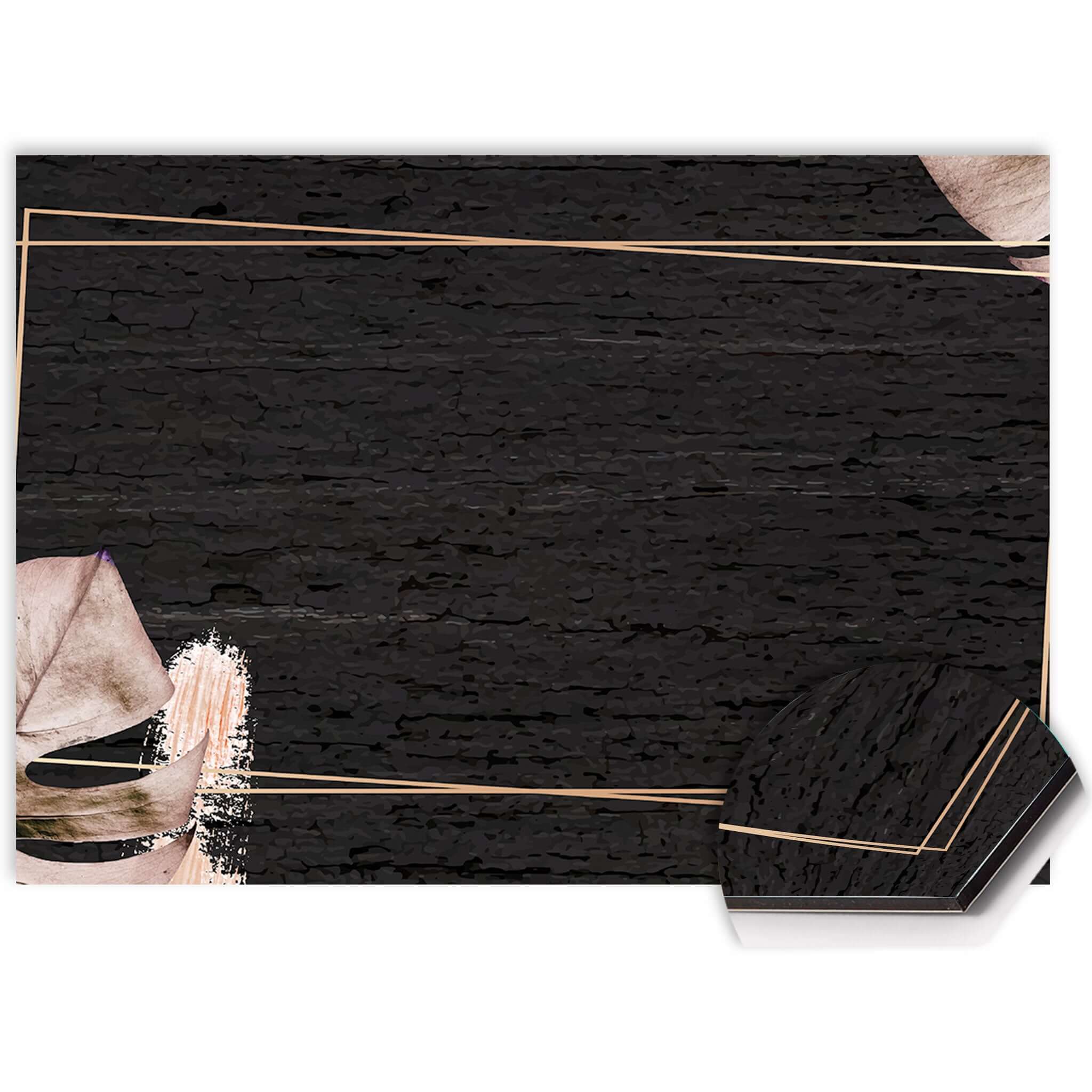 Nahaufnahme des Midnight Leaves Startbildschirms mit schwarzem Design und goldenen Linien.