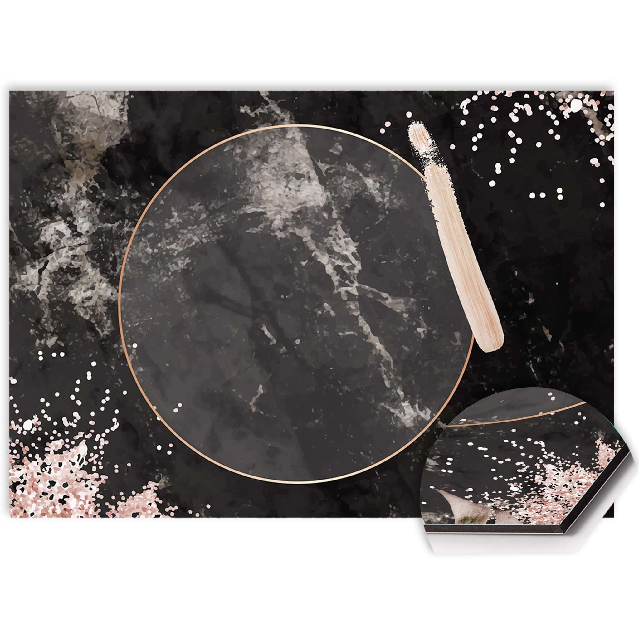 Nahaufnahme des Midnight Rose Splash Screens mit schwarzem Marmor und roségoldenen Akzenten