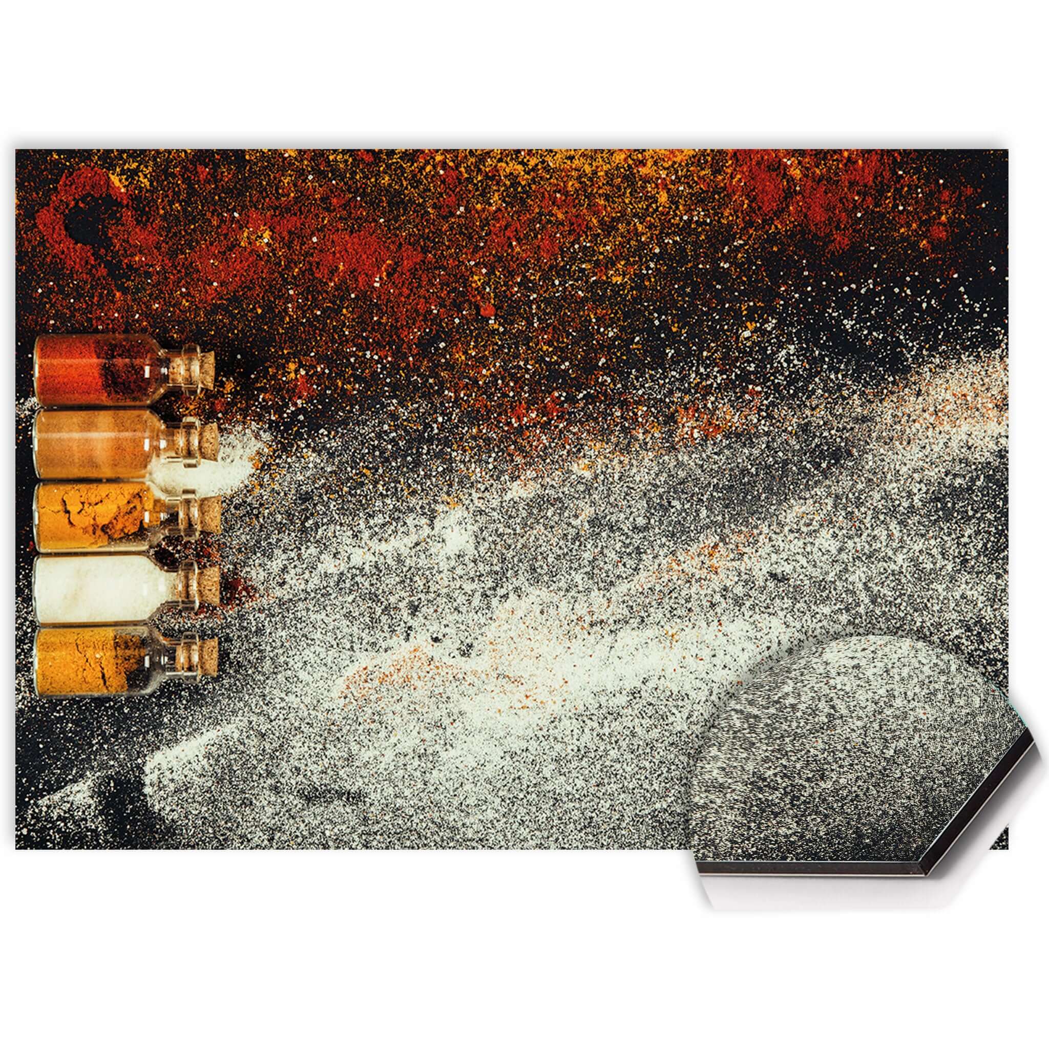 Nahaufnahme von Spice Bottles Splash Screen mit bunten Gewürzen in Glasflaschen