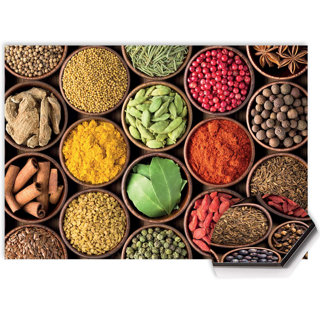 Detail des Spice Harmony Splash Screens mit bunten Gewürzen in Holzschalen