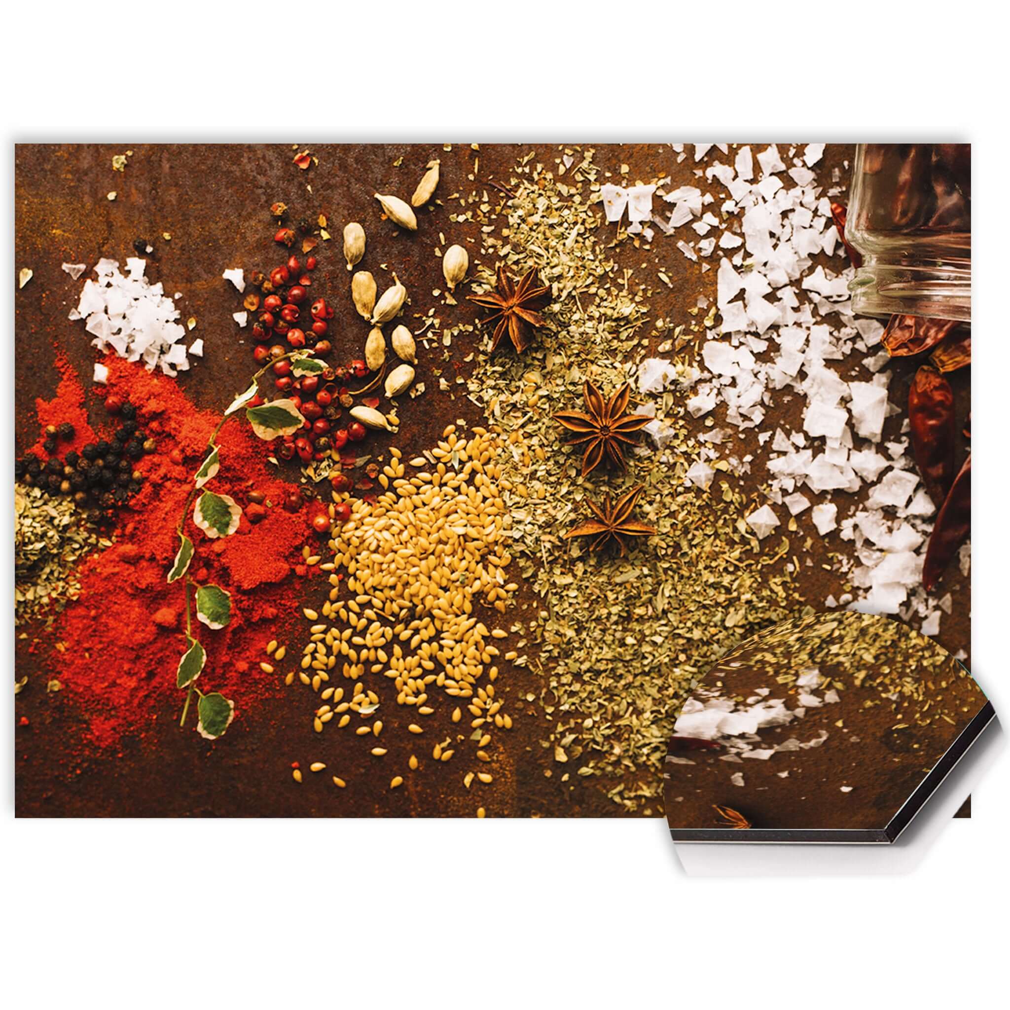 Küchenrückwand Spice Symphony mit Aufdruck von Gewürzen und Kräutern